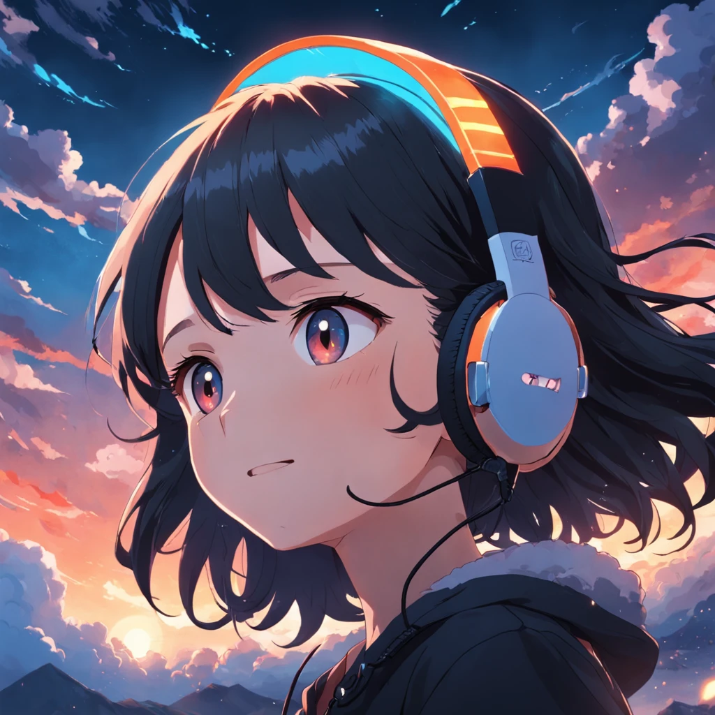 masterpiece, best quality, movie still, 1girl, cloud girl, black cap,headphone,floating in the sky, close-up, bright, happy, warm soft lighting, sunset, (sparks:0.7)