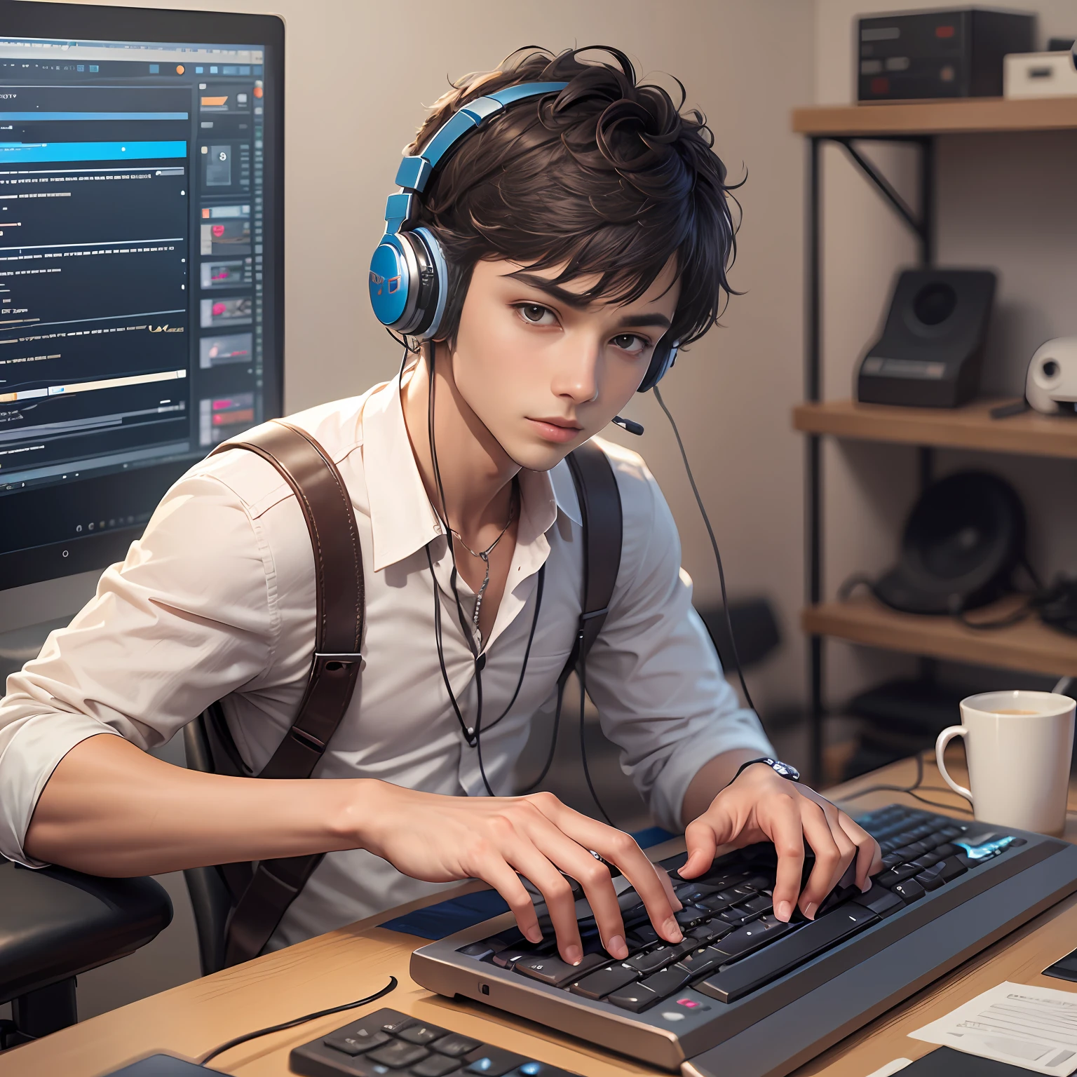 a handsome boy student with headphone typing in front of nice keyboard in a technology room