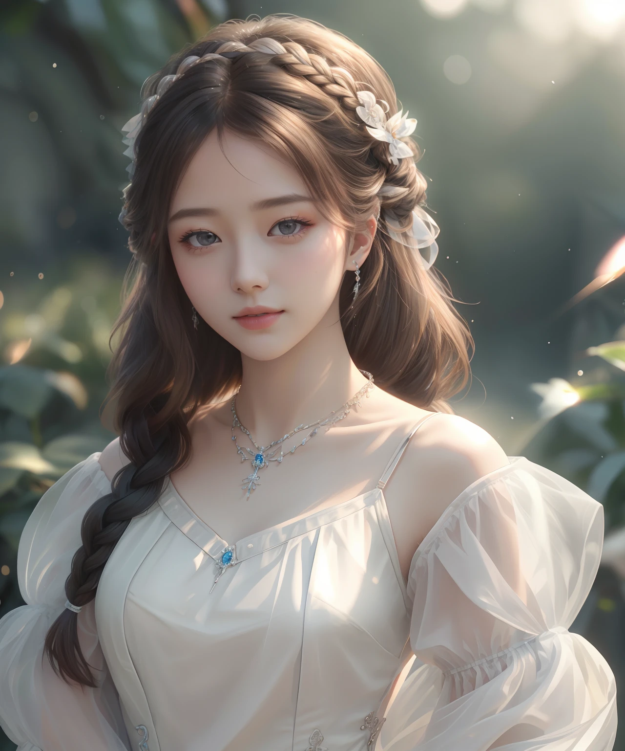 Best quality、tmasterpiece、A high resolution、1girll、Porcelain dress、Delicate braided hair,Delicate hair accessories、Fine Necklace、detailed jewellery、pretty face、Physically、Tyndall effect、realisticlying、Shadow Studio、edge lit、bicolor lighting、(highdetailskin:1.2)、8K, Ultra HD、Digital SLR、softlighting、high high quality、volumettic light、sneak shot、photore、A high resolution、4K、8K、The background is blurred out,