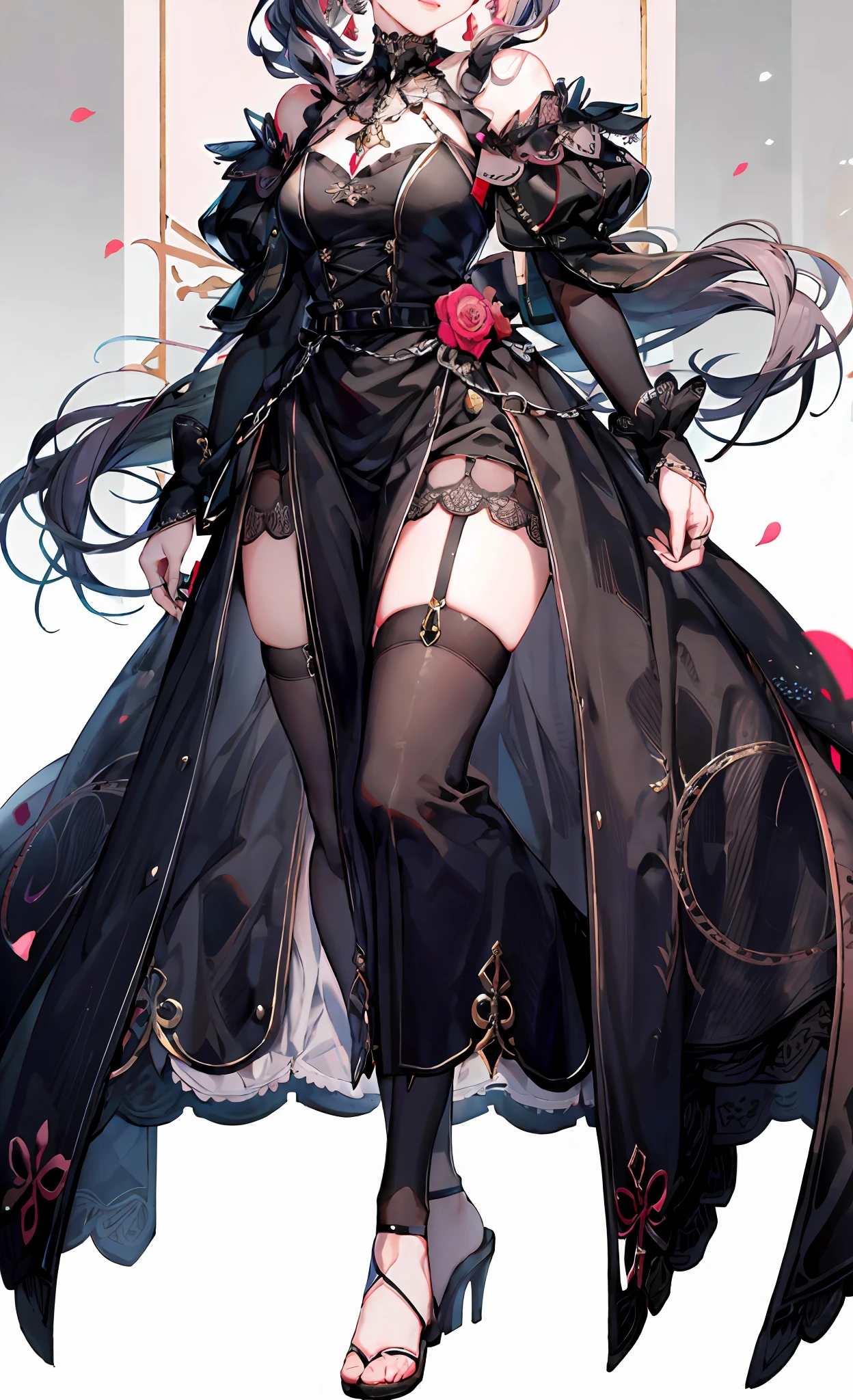 (Complete head:1.9),meticulous portrayal of face,1 noblewoman,a matural female,Black dress long dress,(black lence stockings+),heeled sandals,(Black stocking feet),Pink White Long Hair,Prom background, Perfect body, s the perfect face, perfect hand, Perfect Finger, Perfect lips, perfect eyes, Perfect background