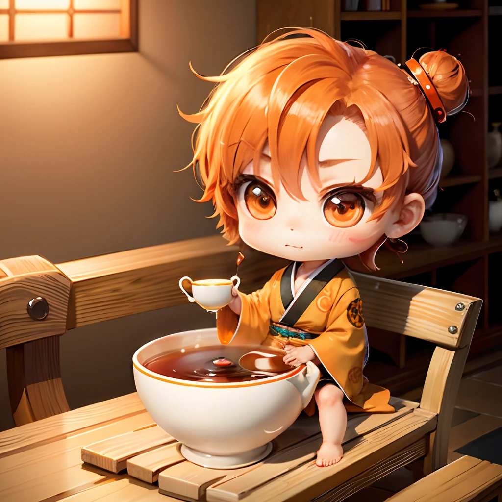 Cute chibi anime sitting in the tea cup, wear orange kimono, drink tea, logo