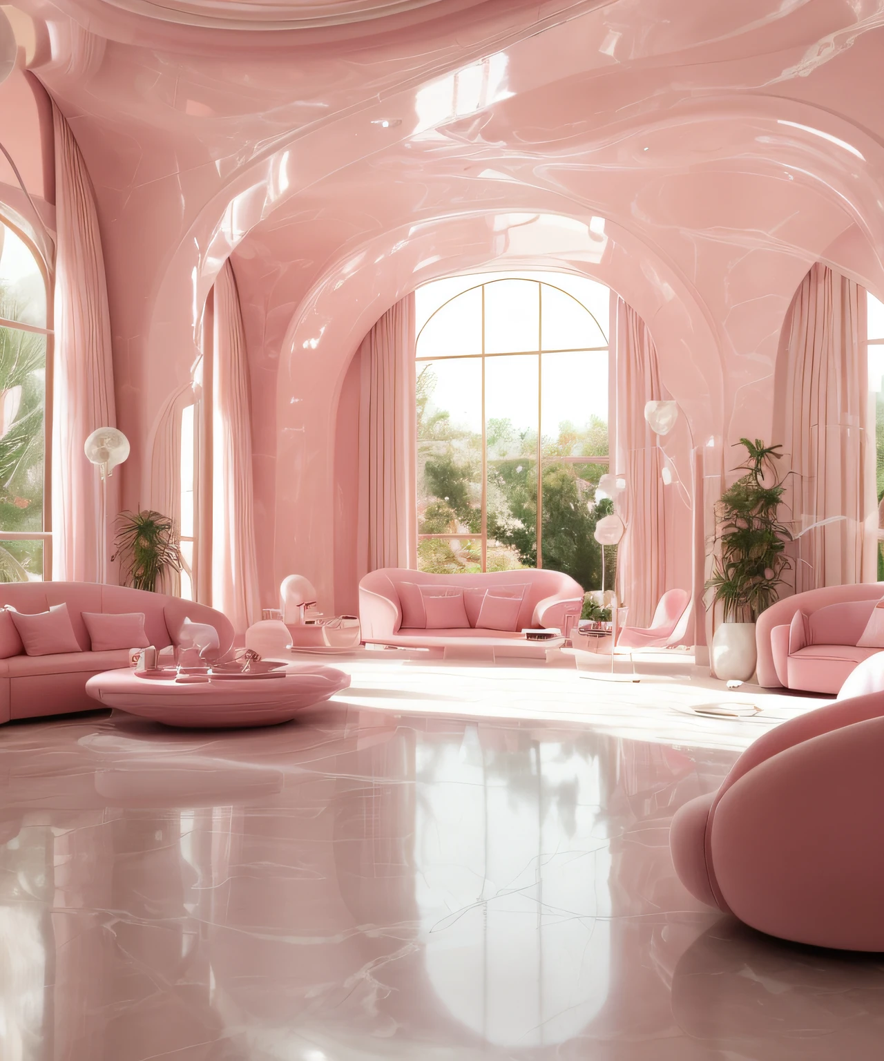 There was a pink room,There is a lot of pink furniture, with soft pink colors, pink zen style, beautiful aesthetic design, warm pink living room, in a candy land style house, brightly lit pink room, dreamy atmosphere and drama, Pink color scheme, in a futuristic desert palace, pink arches, Pink marble building, karim rashid, Pink vibe, pink hues