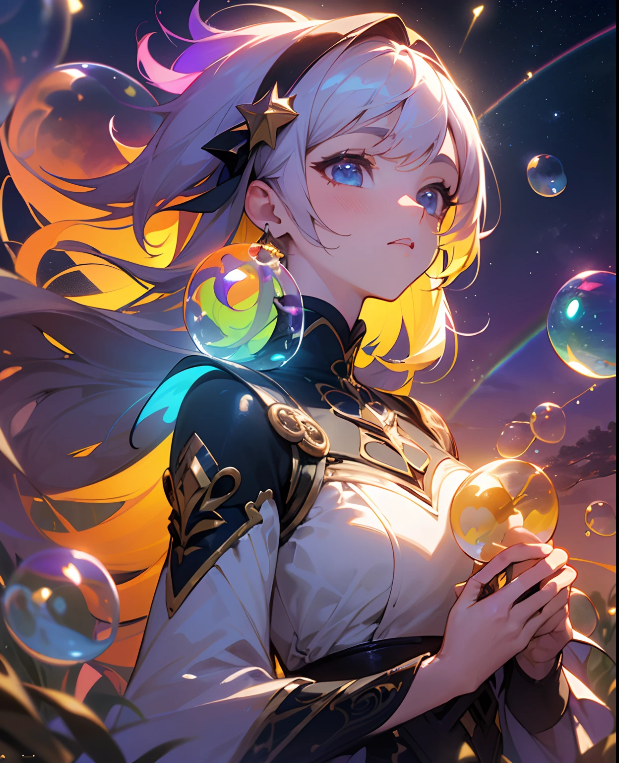 (Masterpiece), (Best Quality), (Official Art, Highly Detailed CG Unity 8k Wallpaper), (Very Detailed), (((Absurd)), 1 Girl, Midshot, (Exquisite Facial Features), (Serafuk: 1.3) ((SFW)), ((Clean Hands)), (White Neeso without shoes)), Aqua Eye, Colored Contact Lenses, Stars in the Eyes, (((((Colorful Bubbles)))), Colorful Glass, (Album cover) Vast landscape photo, (sky up, field below), girl standing in a flower field and looking up, (full moon: 1.2), (meteor: 0.9), (nebula: 1.3), distant mountains, trees BREAK craft art, (warm light: 1.2), (fireflies: 1.2), lights, lots of purple and orange, intricate details, voluminous lighting, realism BREAK (masterpiece (Best Quality), 4k, Ultra Detail, (Dynamic Composition: 1.4), Very Detailed, Colorful Details, (Rainbow Color: 1.2), (Glow Lighting, Atmospheric Lighting), Dreamy, Magical, (Solo: 1.2)