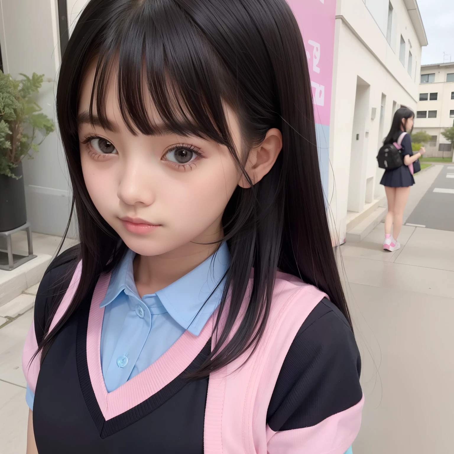 black color hair，Wear a pink and blue school uniform，She is a cute cute girl