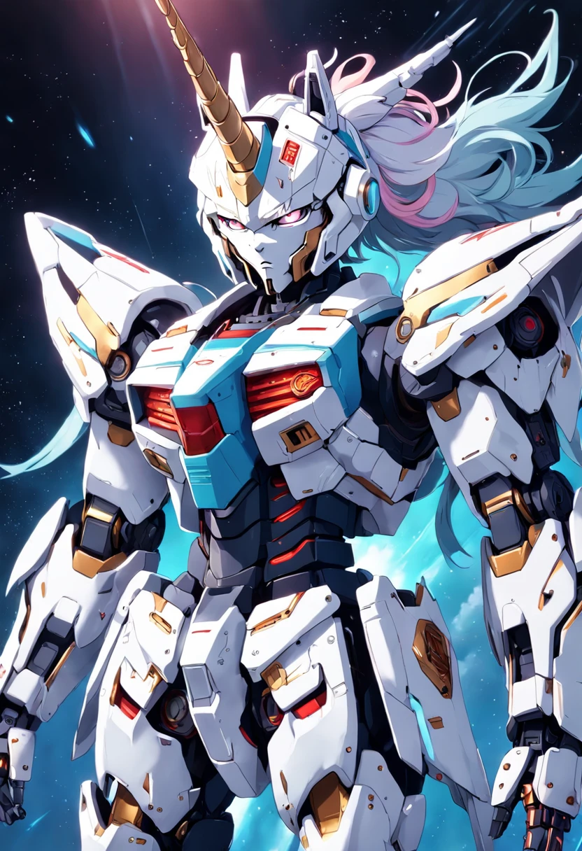 High quality High detail Unicorn mecha Rich facial detail Mecha style Strong sense of streamlining Gundam sky background Delicate armor Weapon in hand High detail Masterpiece Cold and powerful feeling