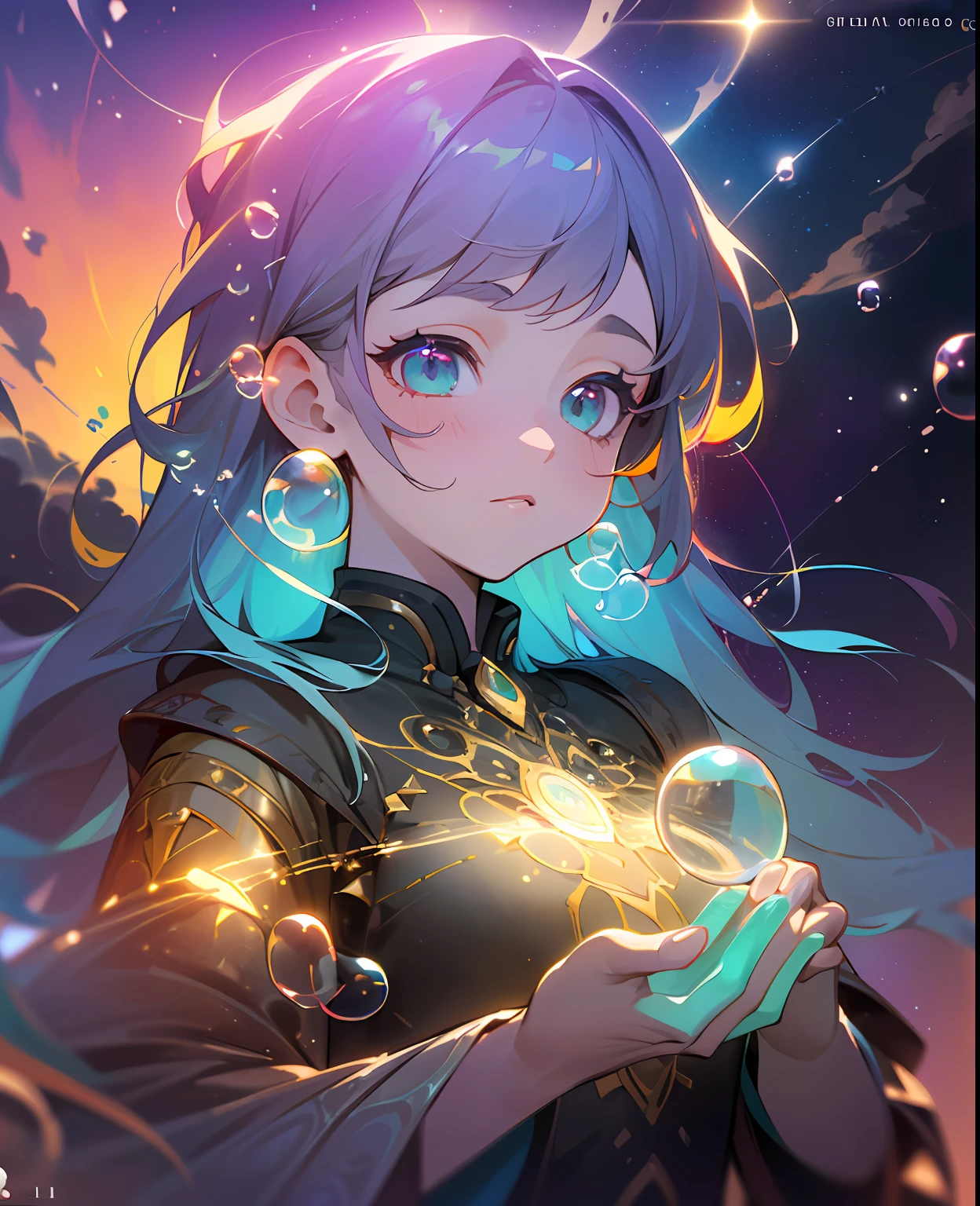 (Masterpiece), (Best Quality), (Official Art, Highly Detailed CG Unity 8k Wallpaper), (Very Detailed), (((Absurd)), 1 Girl, Midshot, (Exquisite Facial Features), (Serafuk: 1.3) ((SFW)), ((Clean Hands)), (White Neeso without shoes)), Aqua Eye, Colored Contact Lenses, Stars in the Eyes, (((((Colorful Bubbles)))), Colorful Glass, (Album cover) Vast landscape photo, (sky up, field below), girl standing in a flower field and looking up, (full moon: 1.2), (meteor: 0.9), (nebula: 1.3), distant mountains, trees BREAK craft art, (warm light: 1.2), (fireflies: 1.2), lights, lots of purple and orange, intricate details, voluminous lighting, realism BREAK (masterpiece (Best Quality), 4k, Ultra Detail, (Dynamic Composition: 1.4), Very Detailed, Colorful Details, (Rainbow Color: 1.2), (Glow Lighting, Atmospheric Lighting), Dreamy, Magical, (Solo: 1.2)