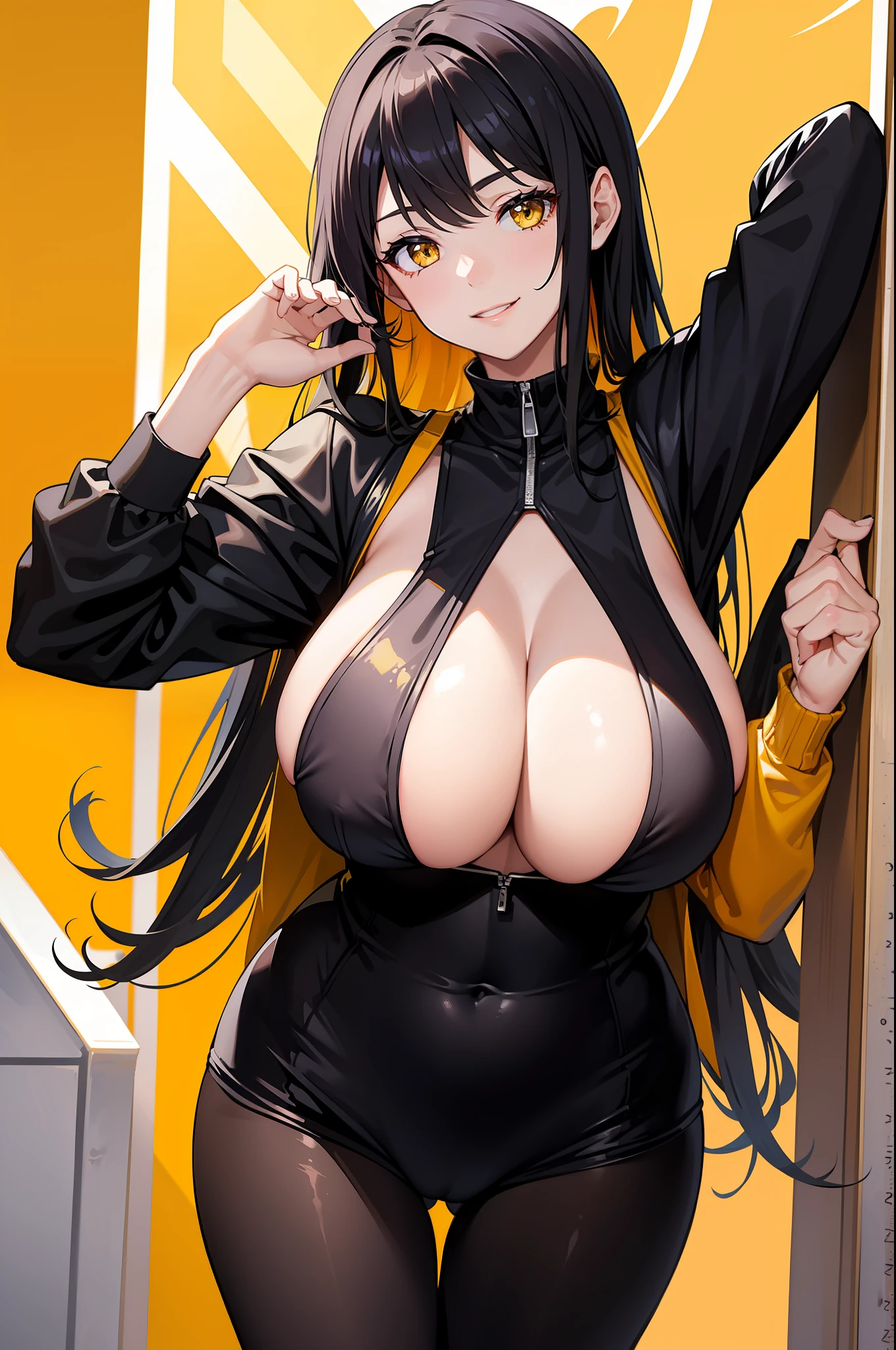 masterpiece, best quality, hair over shoulder, black hair, seductive smile, yellow eyes, huge breasts, school swimsuit, hand on own chest,