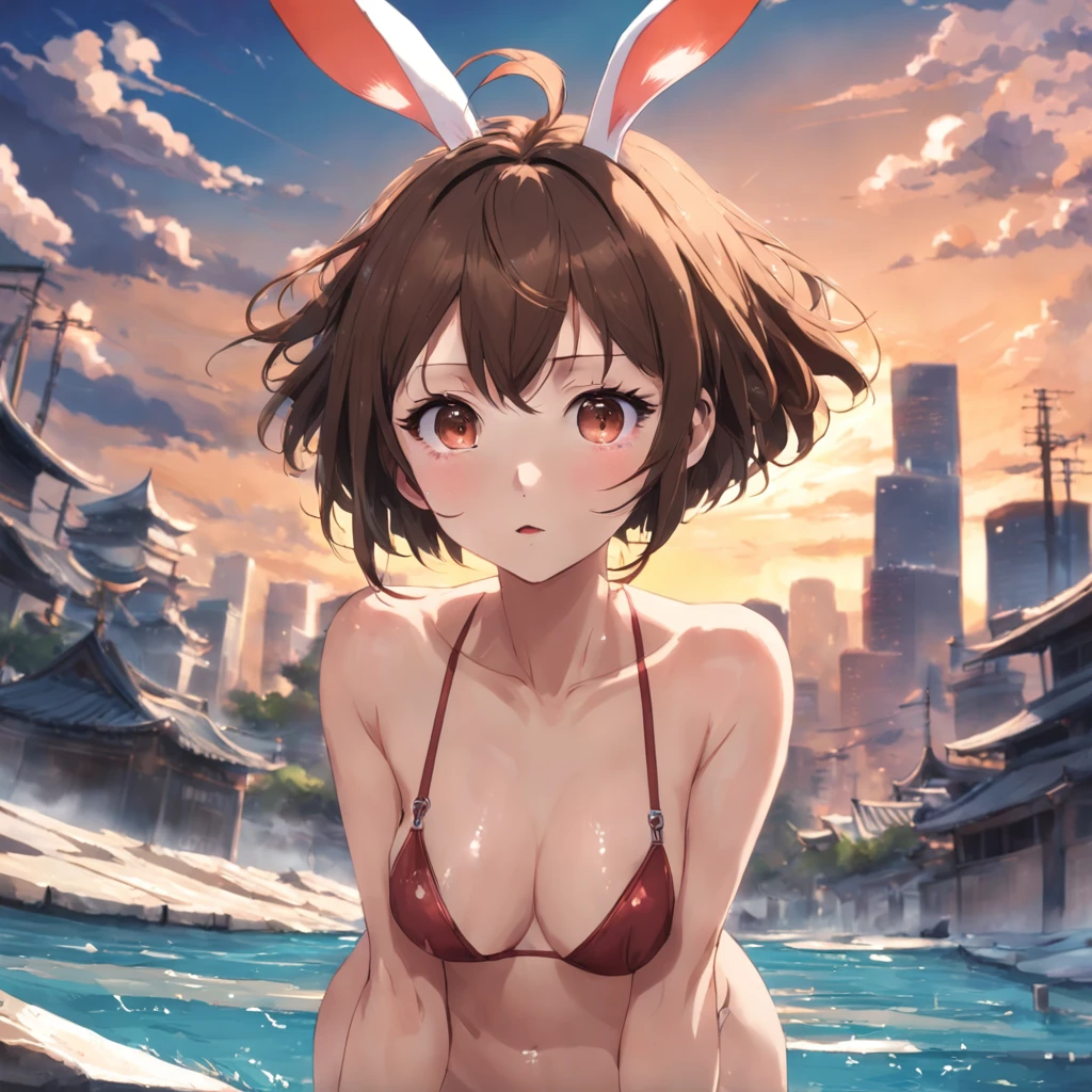 tmasterpiece,best qualtiy,Girls from the Republic of China,Short hair,brown haired,She wears a three-point bikini,Rabbit ears,tits out