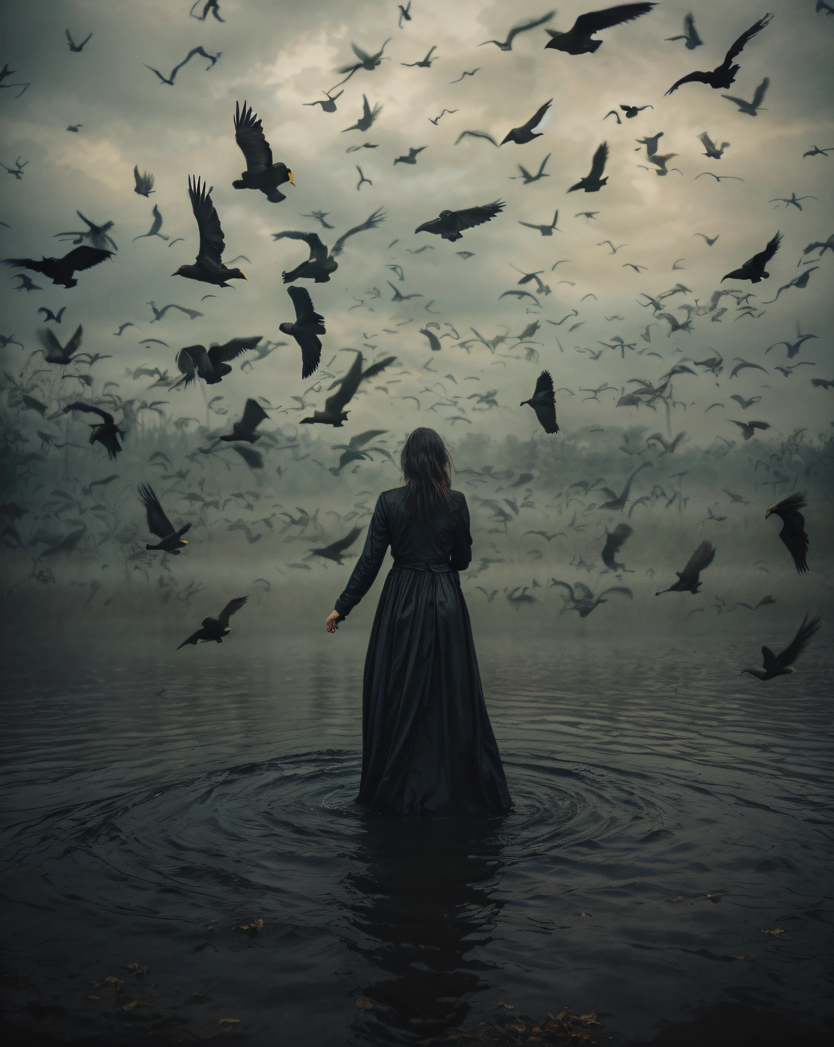 there is a woman standing in the water surrounded by birds, inspired by Brooke Shaden, dreamy and ethereal and dark, dark and ethereal, inspired by Anka Zhuravleva, miss aniela, spiritual eerie creepy picture, alessio albi, by Matija Jama, by Eugeniusz Zak, beautiful with eerie vibes, among ravens, beautiful photo, extremely detailed birds, realistic birds, realistic ravens
