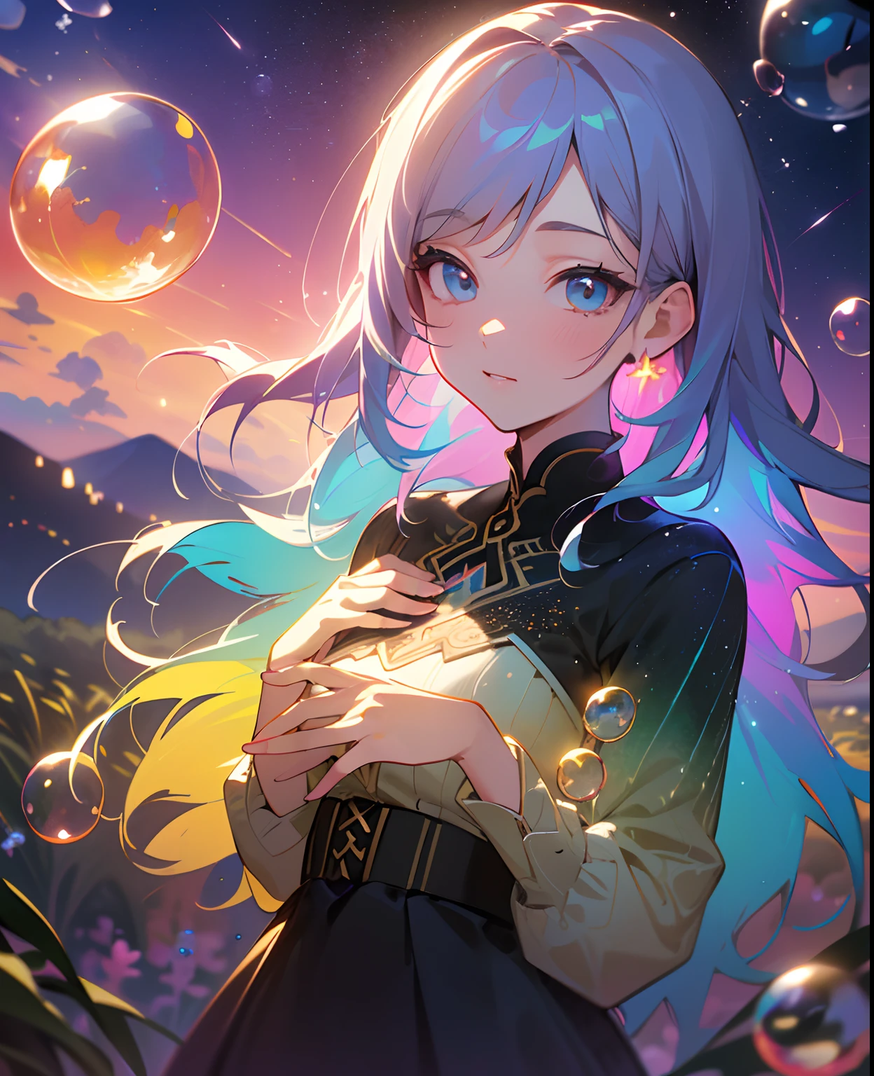 (Masterpiece), (Best Quality), (Official Art, Highly Detailed CG Unity 8k Wallpaper), (Very Detailed), (((Absurd)), 1 Girl, Midshot, (Exquisite Facial Features), (Serafuk: 1.3) ((SFW)), ((Clean Hands)), (White Neeso without shoes)), Aqua Eye, Colored Contact Lenses, Stars in the Eyes, (((((Colorful Bubbles)))), Colorful Glass, (Album cover) Vast landscape photo, (sky up, field below), girl standing in a flower field and looking up, (full moon: 1.2), (meteor: 0.9), (nebula: 1.3), distant mountains, trees BREAK craft art, (warm light: 1.2), (fireflies: 1.2), lights, lots of purple and orange, intricate details, voluminous lighting, realism BREAK (masterpiece (Best Quality), 4k, Ultra Detail, (Dynamic Composition: 1.4), Very Detailed, Colorful Details, (Rainbow Color: 1.2), (Glow Lighting, Atmospheric Lighting), Dreamy, Magical, (Solo: 1.2)