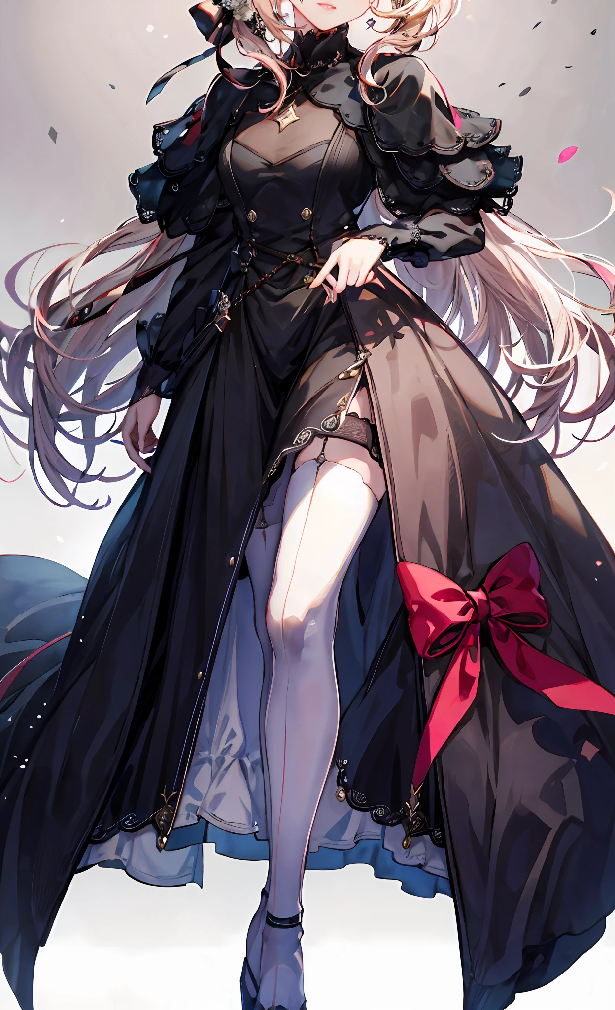 (Complete head:1.9),meticulous portrayal of face,1 noblewoman,a matural female,Black dress long dress,(black lence stockings+),heeled sandals,(Black stocking feet),Pink White Long Hair,Prom background, Perfect body, s the perfect face, perfect hand, Perfect Finger, Perfect lips, perfect eyes, Perfect background