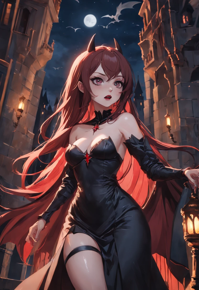 Uma delicada e bela imagem de uma vampira feminina na varanda de um castelo sob as estrelas, Dynamic angle (ultra detalhado, master part, best quality), com rosto detalhado (ultra detalhado, master part, best quality), hiper-feminino, pele de cor cinza, red hair, (Um sorriso encantador:1.5)，(2 dentes sugadores de sangue enormes expostos na boca:1.5)，dark red lips， (Uma boca cheia de sangue:1.5)，dynamic eye color, Os olhos brilham vermelhos e brilhantes, usa um vestido branco (ultra detalhado, master part, best quality), Cabo preto longo (ultra detalhado, master part, best quality), botas de salto alto, star filled sky background, lua, Bats fly around, Detalhes altos, best quality, 8k, [ultra detalhado], master part, best quality, (ultra detalhado), lente de cowboy, fotorrealismo, arte de fantasia sombria