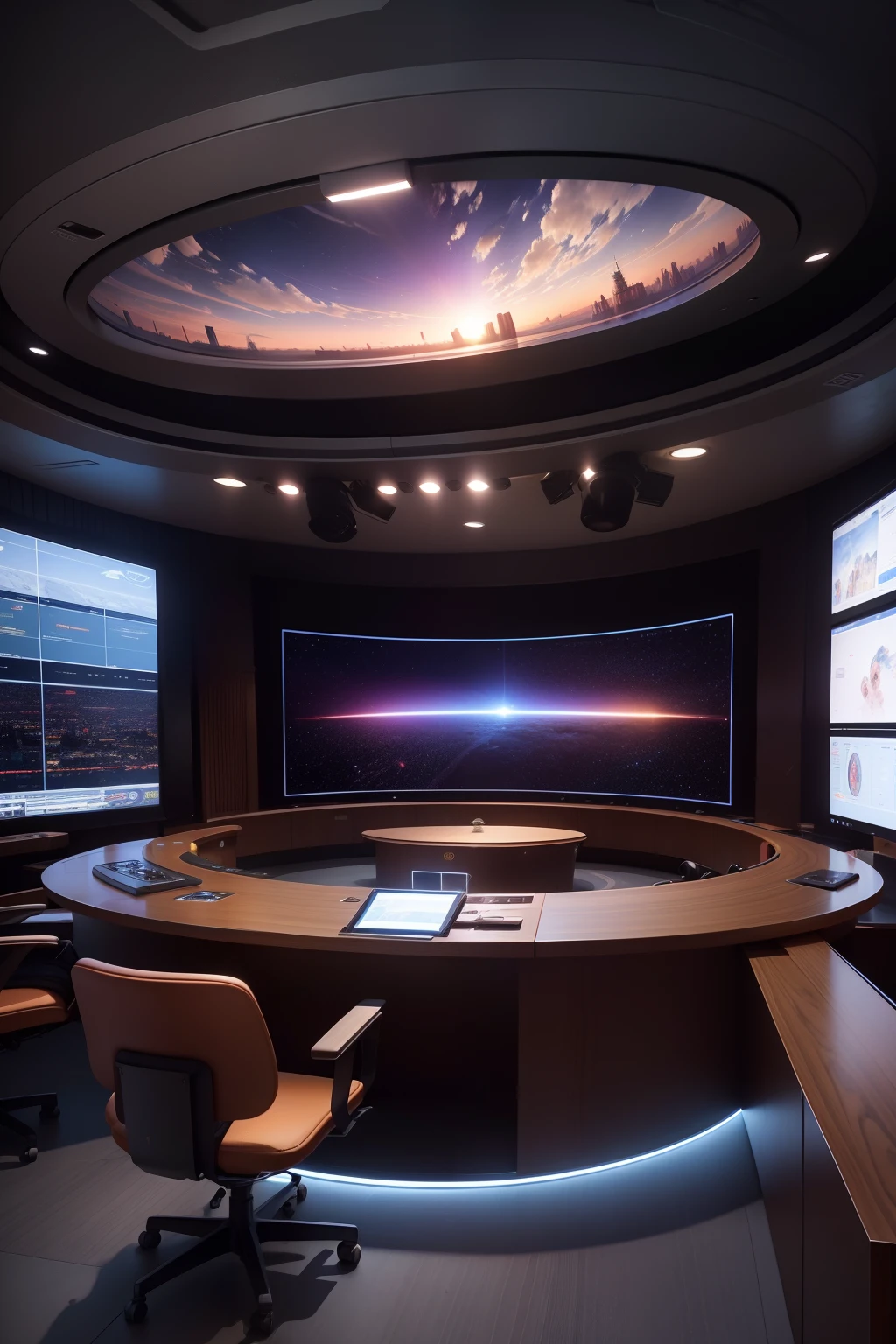 Online live broadcast of Shenzhou 16 return，The live broadcast room is a dome-style display，VR virtual return trajectory，Guest live broadcast desk
There are dual screens