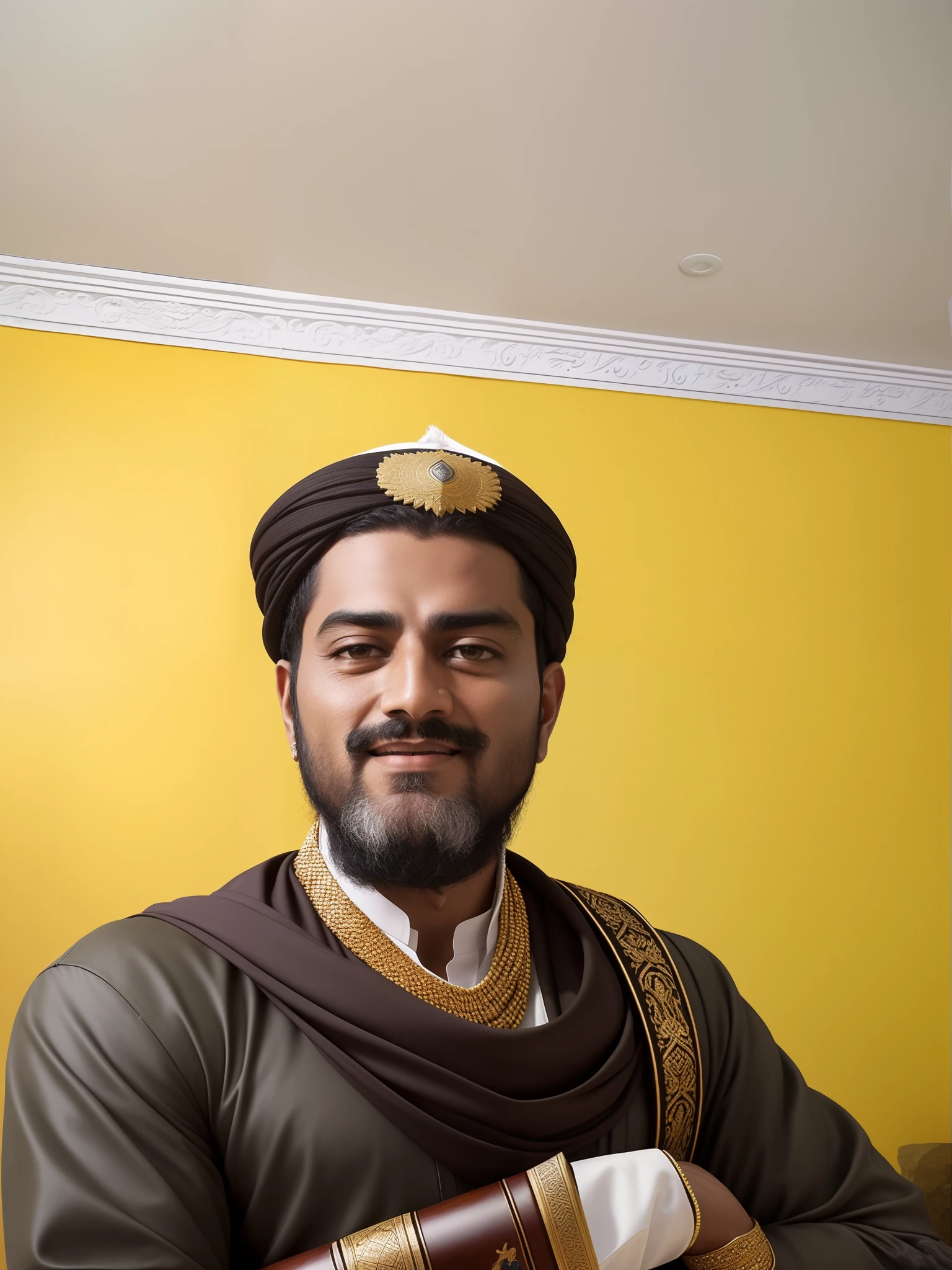 Create a vivid image of Khalid bin Waleed, the esteemed Arabian warrior and military strategist. His appearance is a tapestry of strength, wisdom, and deep-rooted Arab heritage. Facial Features: Portray Khalid's countenance with rugged handsomeness, featuring a prominent jawline, chiseled cheekbones, and eyes of intense brown that reflect both determination and profound insight. Complexion: Render his skin in a warm, sun-kissed olive tone, a testament to his Arabian lineage and life in the desert. Accentuate the lines etched on his face from years of leadership, adding depth to his distinguished visage. Clothing and Attire: Dress Khalid in flowing robes of earth-toned fabrics, adorned with intricate embroidery that narrates tales of battles and triumphs. Capture the regal elegance of his attire, reflective of his identity. Style and Accessories: Include the traditional Arabian accessories that complete Khalid's appearance. A finely woven keffiyeh graces his head, secured with a black agal, and a leather belt holds a scabbard housing his prized sword. Presence and Bearing: Portray Khalid's commanding demeanor, showcasing his natural authority and confidence. His erect posture and deliberate movements underscore his role as a leader. Symbolism and Spirit: Convey the deep significance of Khalid's appearance—his profound connection to Arabian heritage, unwavering commitment to Islam, and status as a revered historical figure. His attire, features, and bearing collectively embody his authenticity, battlefield valor, and strategic wisdom. Immerse the viewer in the essence of Khalid bin Waleed, celebrating his legacy while respecting his historical significance and cultural identity.