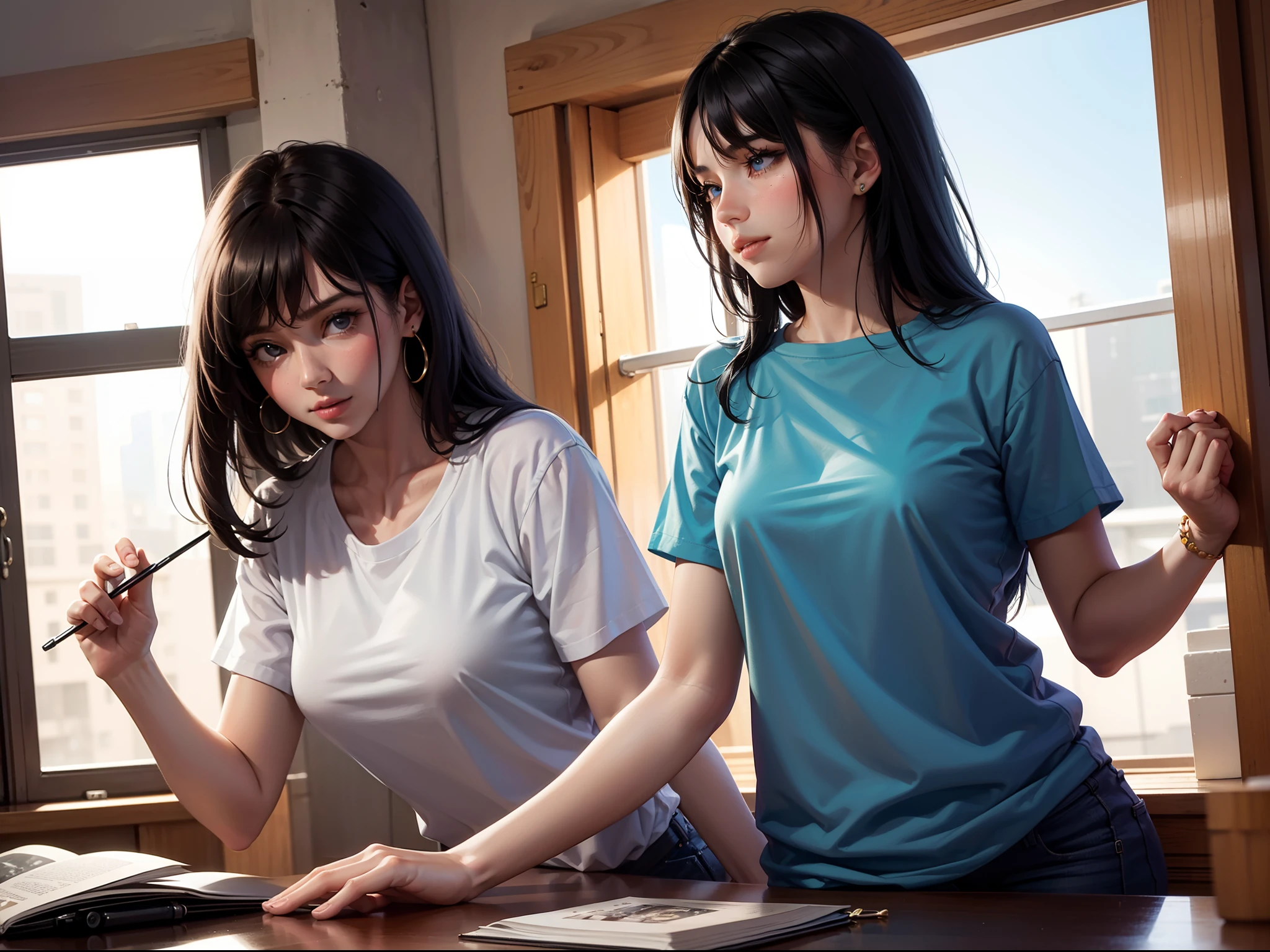 The girl is not wearing clothes (real face, sad expression) is in the room (there is a chair, bed, TV) and 1 boy (real face, black hair, yellow shirt, flat expression)
