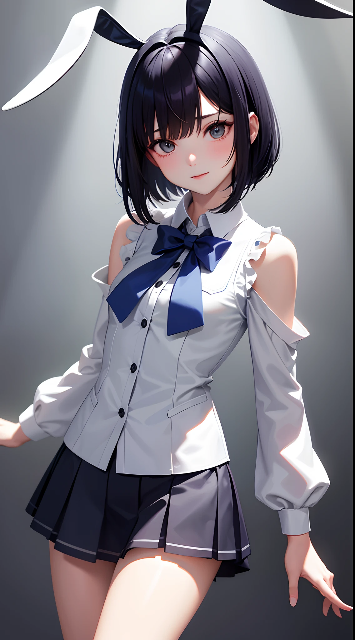 one-girl,Face people,laughingly,rays of sunshine,Tender,Blue school uniform,Black straight hair,shoulder-length short hair,blackigeyes,s girl,Bunny ears,There is a metal bunny medal on the chest,Character edges are white-edged,Background blur two-dimensional rabbit,white minimalistic background,k hd,high detal,high qulity,Good atmosphere,delicated,cg render,detail render,(Delicate facial portrayal)(Fine hair portrayal)(highest quality)(Master masterpieces)(High degree of completion)(a sense of atmosphere)