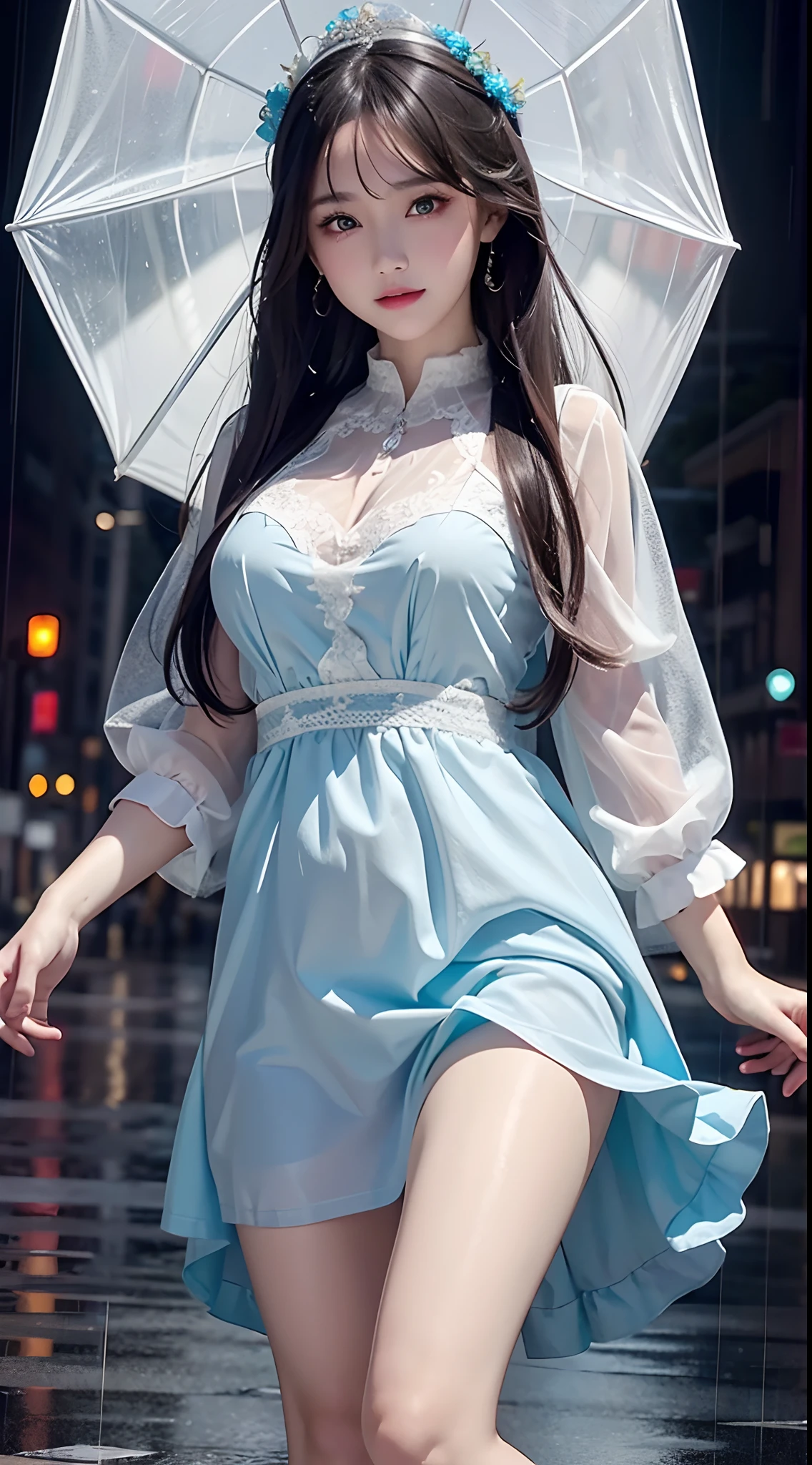 4k ultra hd, masterpiece, best quality, a girl, beautiful face, detailed eyes, very long hair, impressive and attractive hair, good looking, lovely lips, happy, opened mouth, rainy dress, sky blue dress, white lace, cristalized jwellery, shining jwellery, natural background, wet ground, hard raining, wet body, direct x 3.0 visual effect, reflection on water, very hard raining, blowing wind, standing, in the rain, whole body capture,