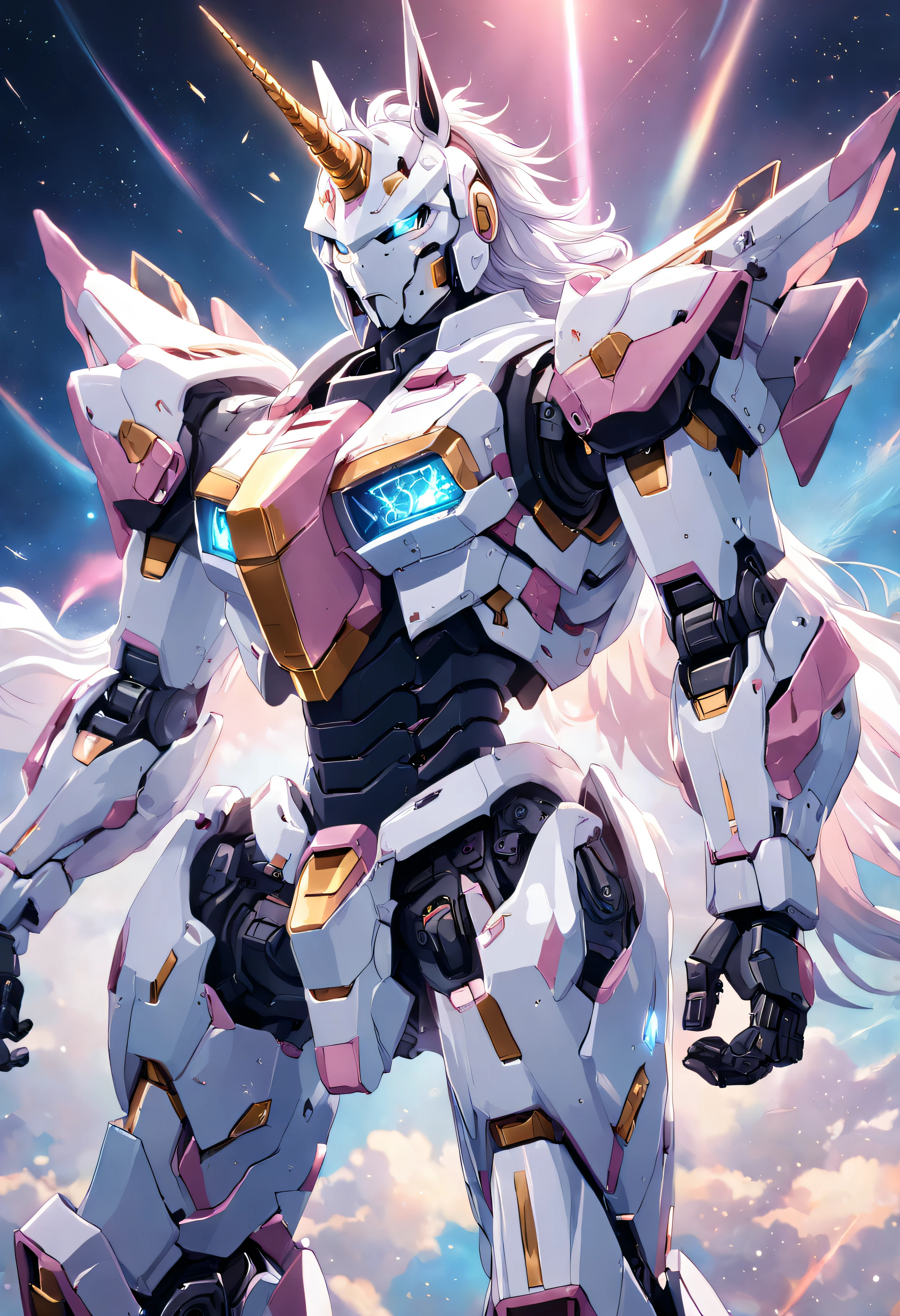 High quality High detail Unicorn mecha Rich facial detail Mecha style Strong sense of streamlining Gundam sky background Delicate armor Weapon in hand High detail Masterpiece Cold and powerful feeling