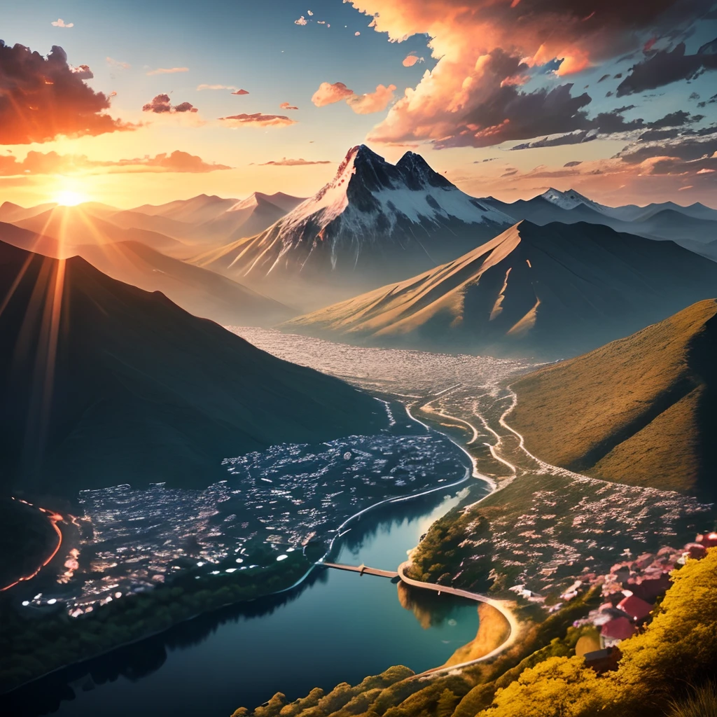 the sunset，Large area of sky，Racumulus，Hilltop shooting angle，Intense golden light penetrating the clouds，Mountains，A village at the bottom of a mountain，Lake surface，Onohana，