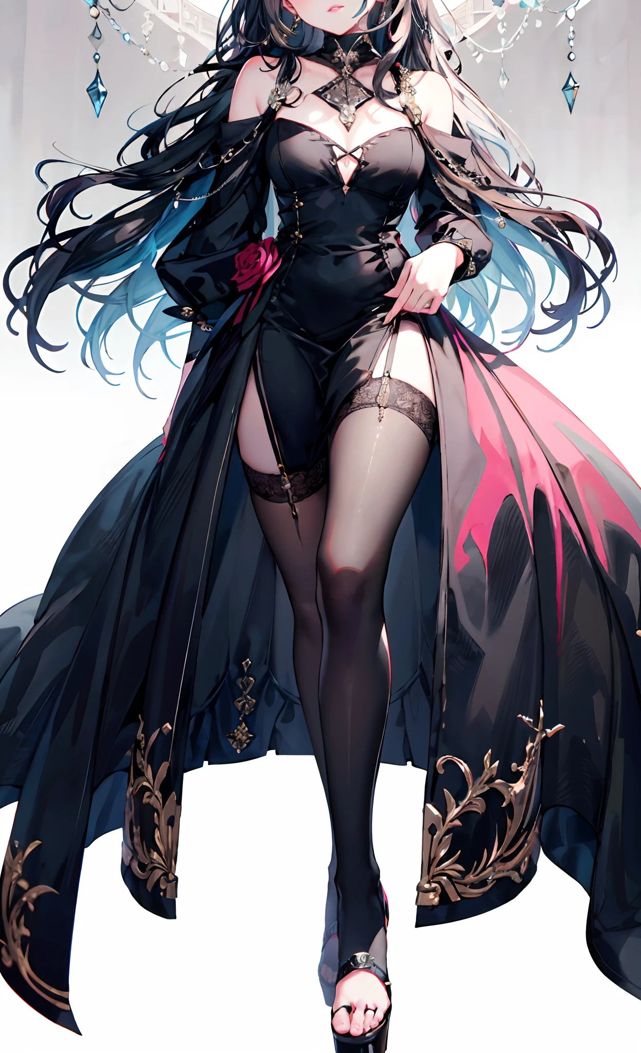 (Complete head:1.9),meticulous portrayal of face,1 noblewoman,a matural female,Black dress long dress,(black lence stockings+),heeled sandals,(Black stocking feet),Pink White Long Hair,Prom background, Perfect body, s the perfect face, perfect hand, Perfect Finger, Perfect lips, perfect eyes, Perfect background