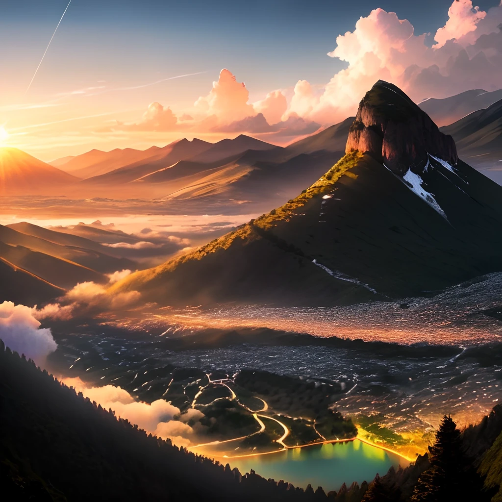 the sunset,Large area of sky,Racumulus,Hilltop shooting angle,Intense golden light penetrating the clouds,Mountains,A village at the bottom of a mountain,Lake surface,Onohana,