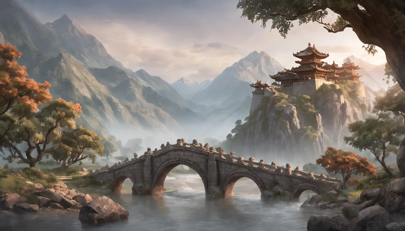 (((best quality))),(((ultra detailed))),(((masterpiece))),illustration,ancient stone bridge,staring,distant mountains,dusk,misty mountains,flowing water,tall ancient trees