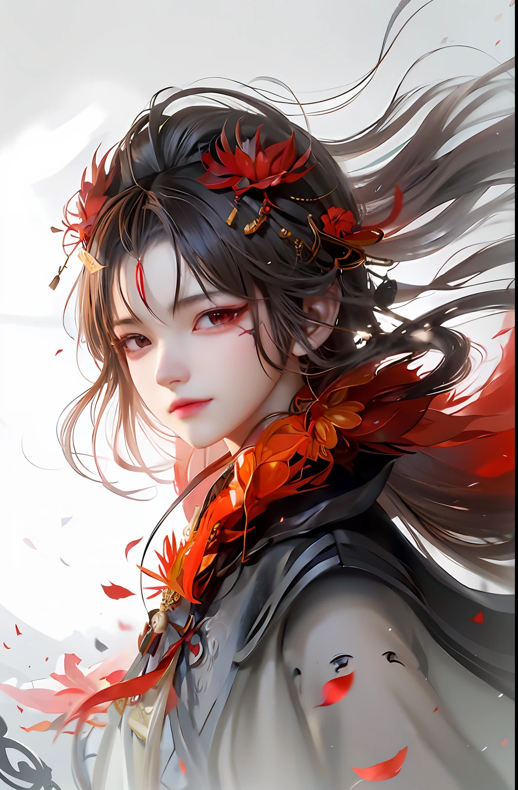 Anime girl with red eyes and red flowers in her hair, by Yang J, heise jinyao, handsome guy in demon killer art, bian lian, G Liulian art style, onmyoji portrait, Inspired by Seki Dosheng, Stunning anime face portrait, Inspired by Bian Shoumin, author:Shitao, a beautiful anime portrait