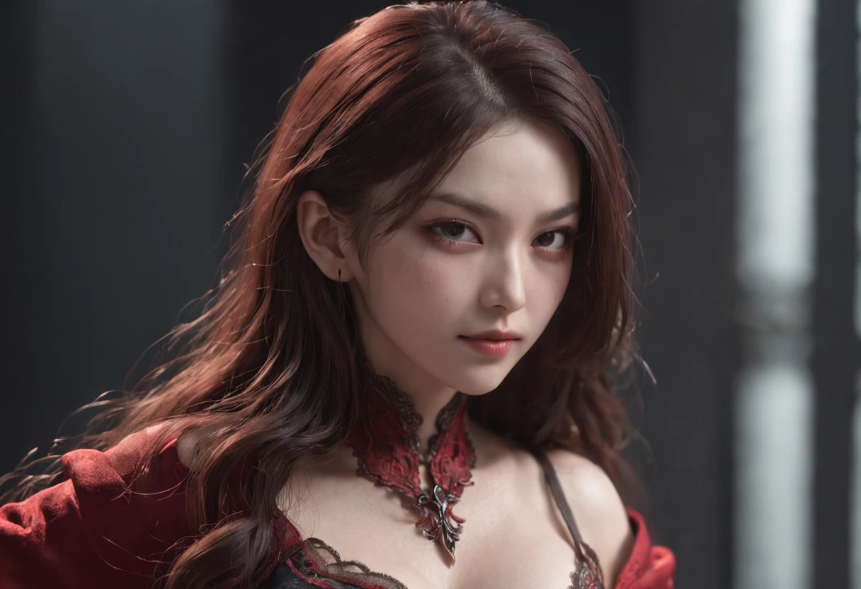 Best quality, Masterpiece, 超高分辨率, (photograph realistic:1.4), surrealism, Dream-like,fusionart, Shadowdancer, shadow magic, darkness control, stealth, shadowstep, umbral spells, hidden blade, 1girll,Red theme, Beautiful woman with slender abs:1.3, (Casual hairstyle, huge tit:1.2), big breasts exposed cleavage, Ultra-fine face, A detailed eye, 二重まぶた,ssmile,Long hair