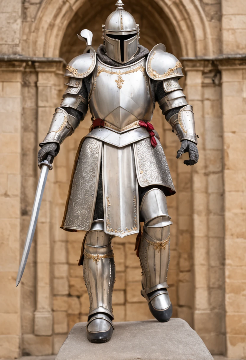 "A majestic Royal Knight with shining armor and a regal presence, standing tall in front of a grand castle, embodying valor and nobility, surrounded by a mystical aura. The knight's armor gleams with golden embellishments, showcasing intricate details and craftsmanship. The castle is adorned with towering spires and exquisite stained glass windows, exuding a sense of grandeur and ancient beauty. The scene is bathed in warm sunlight, casting soft shadows and highlights, enhancing the majesty of the knight and the castle.+"