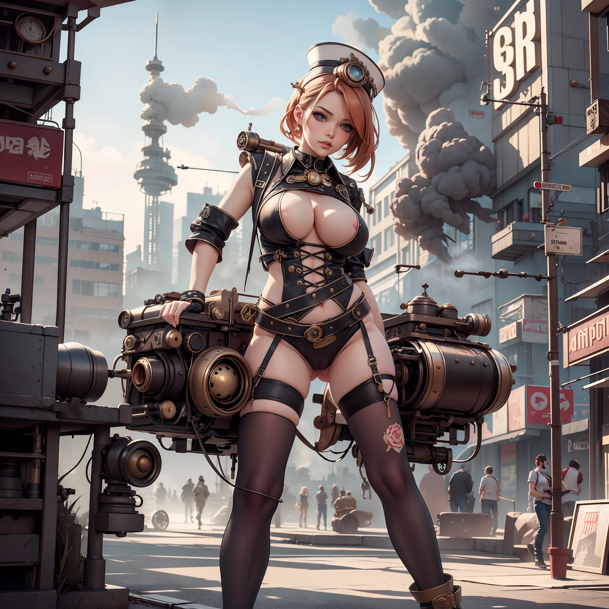 There's a sexzy Russian busty 1woman with friends,street punk, standing with Steam punk Helicopter,dusky skin, with muscled body,less dress,Royal look, steampunk + cyperpunk urban city, sexzy full body view top to bottom, standing in backview turning camera, random camera angle ,dark smoke fog background,street punk digital, , Wojtek FUS, arte digital street punk, detailed wild street punk illustration, Portrait of a gold and copper mechanical woman, arte street punk, sci-fi street punk,sexy beautiful face, doe shape eyes, full lips. slim body, breathtaking beauty, vibrant, comprehensive cinematic, 8k, cinematic lighting, best quality, 4k