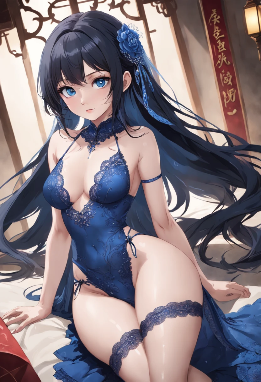 (Masterpiece)),((Best quality)),8K,high detal,Ultra-detailed,Young woman with perfect slim model body, Her blue eyes sparkled with life, Lips are as sweet as cherries, With a soft and charming smile, Expose her 34D breasts through delicate blue-black lace erotic lingerie,The 110 cm long legs are decorated with blue and black stockings and elegant high heels,Put on the bridal veil,Her facial features are clear and clear,Her skin resembles a rosy complexion, The skin texture is very detailed,Impressive and realistic, Show off the slender muscles of her abdomen,Her waist-length black hair flowed gracefully, There is a tattoo on the waist, dressed in a "Blue and white porcelain" qipao dress, Dress slit with elegant slit, Shot in cinematic style,Characterized by realism and artistry,Located next to the outdoor hot spring, Play skillfully [drum set],Beat jazz drums rhythmically,Skillful,((correct hand, Foot and limb structures)),(The deformation of fingers and toes is not particularly strange)