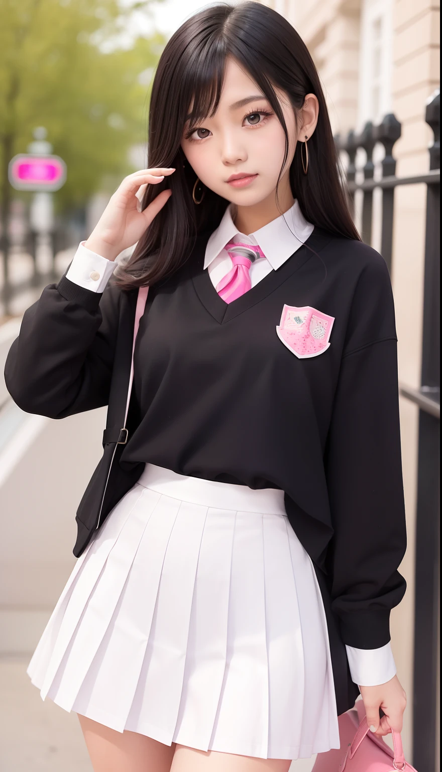 black color hair,Pink and white school uniform and pleated skirt,Sweet girl