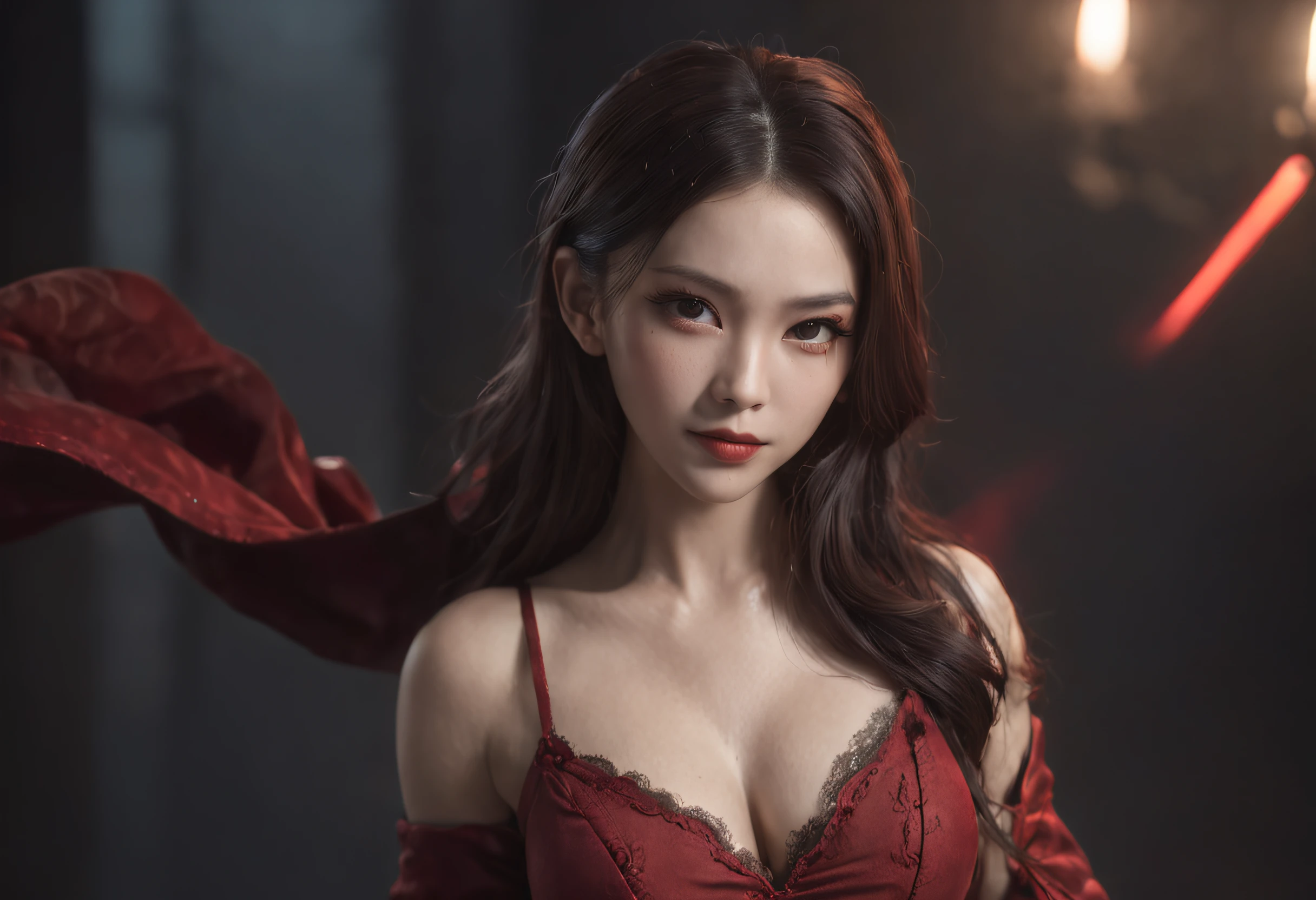 Best quality, Masterpiece, 超高分辨率, (photograph realistic:1.4), surrealism, Dream-like,fusionart, Shadowdancer, shadow magic, darkness control, stealth, shadowstep, umbral spells, hidden blade, 1girll,Red theme, Beautiful woman with slender abs:1.3, (Casual hairstyle, huge tit:1.2), big breasts exposed cleavage, Ultra-fine face, A detailed eye, 二重まぶた,ssmile,Long hair