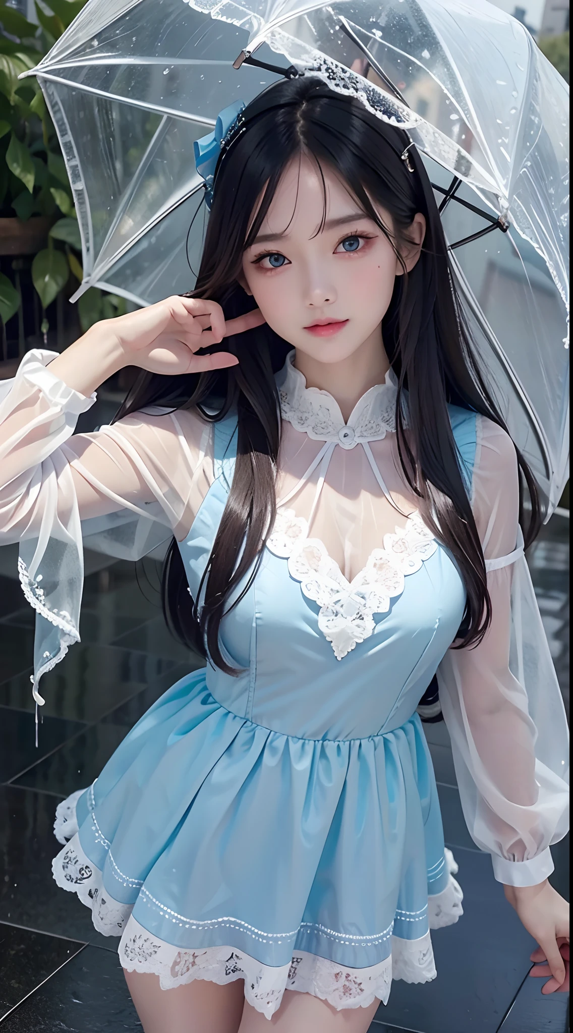 4k ultra hd, masterpiece, best quality, a girl, beautiful face, detailed eyes, very long hair, impressive and attractive hair, good looking, lovely lips, happy, opened mouth, rainy dress, sky blue dress, white lace, cristalized jwellery, shining jwellery, natural background, wet ground, hard raining, wet body, direct x 3.0 visual effect, reflection on water, very hard raining, blowing wind, standing, in the rain, whole body capture,