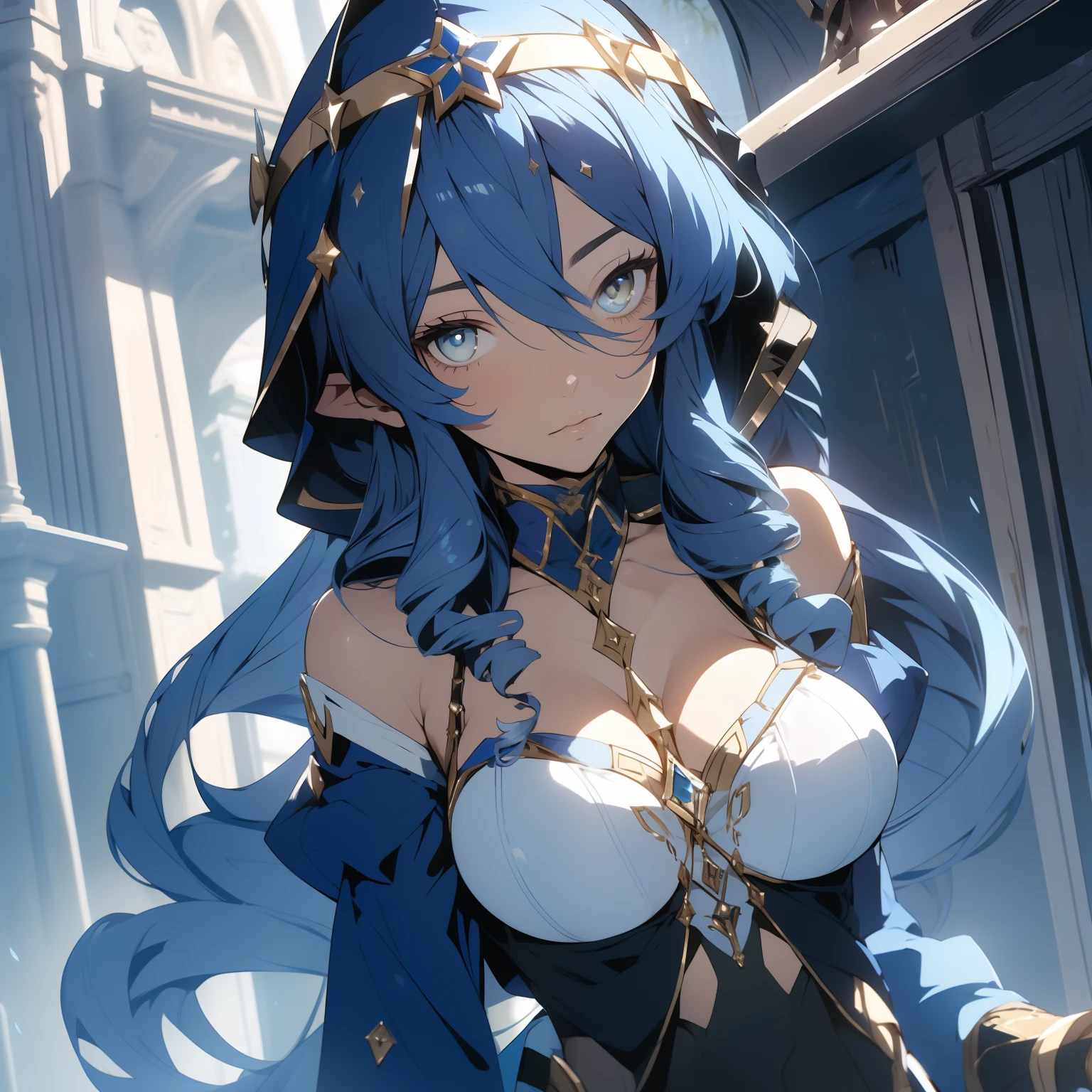 best qualityer, 1 , longye hair, hair over one eye, floating hair, aretes, breastsout, make-up, blue colored eyes, simple background, jewel, anime styling,