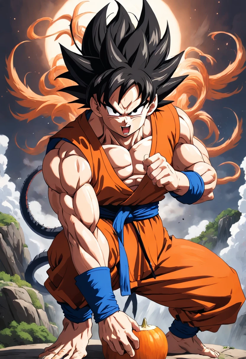 Dragon Ball Goku,Great ape, full body portrait,of a real,Facial features are carefully depicted,Realistic skin texture,Dark style,depth of fields,high light,Real light,Ray traching,oc rendered,Hyper-realistic,best qualtiy,8K,Works of masters,super-fine,Detailed pubic hair,Correct ???????,sharp focus on eyes,facial features are carefully depicted. Goku Disfrutando de Fideos Chinos en un Restaurante" Description: En un restaurante acogedor con toques orientales, Goku, el famoso guerrero saiyajin, se encuentra en la cocina, rodeado de aromas deliciosos. Dressed in his iconic martial arts uniform, Goku is sitting on a high stool in front of a kitchen counter.. A cup of steaming Chinese noodles rests in front of him, mientras sostiene los palillos con destreza. With a smile of anticipation, Goku se dispone a saborear los fideos con entusiasmo. His fellow Z warriors meet at a nearby table, Observing with amusement his encounter with terrestrial cuisine. Behind him, los chefs del restaurante, ataviados con sus uniformes tradicionales, They watch with admiration the legendary fighter as he enjoys the meal. The atmosphere is full of warmth and camaraderie, despite the epic adventures that Goku and his friends regularly face. Soft lighting enhances the scene, making the colors of the ingredients and the decoration of the restaurant shine with a cozy luminosity. La imagen captura un momento inusual y relajado en la vida de Goku, showing his most human side while enjoying an earthy meal in the midst of his amazing exploits.
