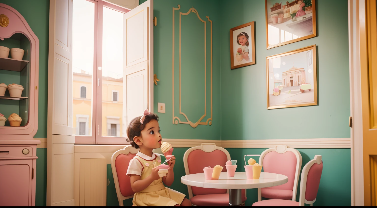 Date: 1953
Location: Rome, Italy
Description: In a vintage Italian gelato shop, a  savors a cone of gelato while seated on a mismatched chair, the pastel-colored walls reflecting the joyful ambiance.