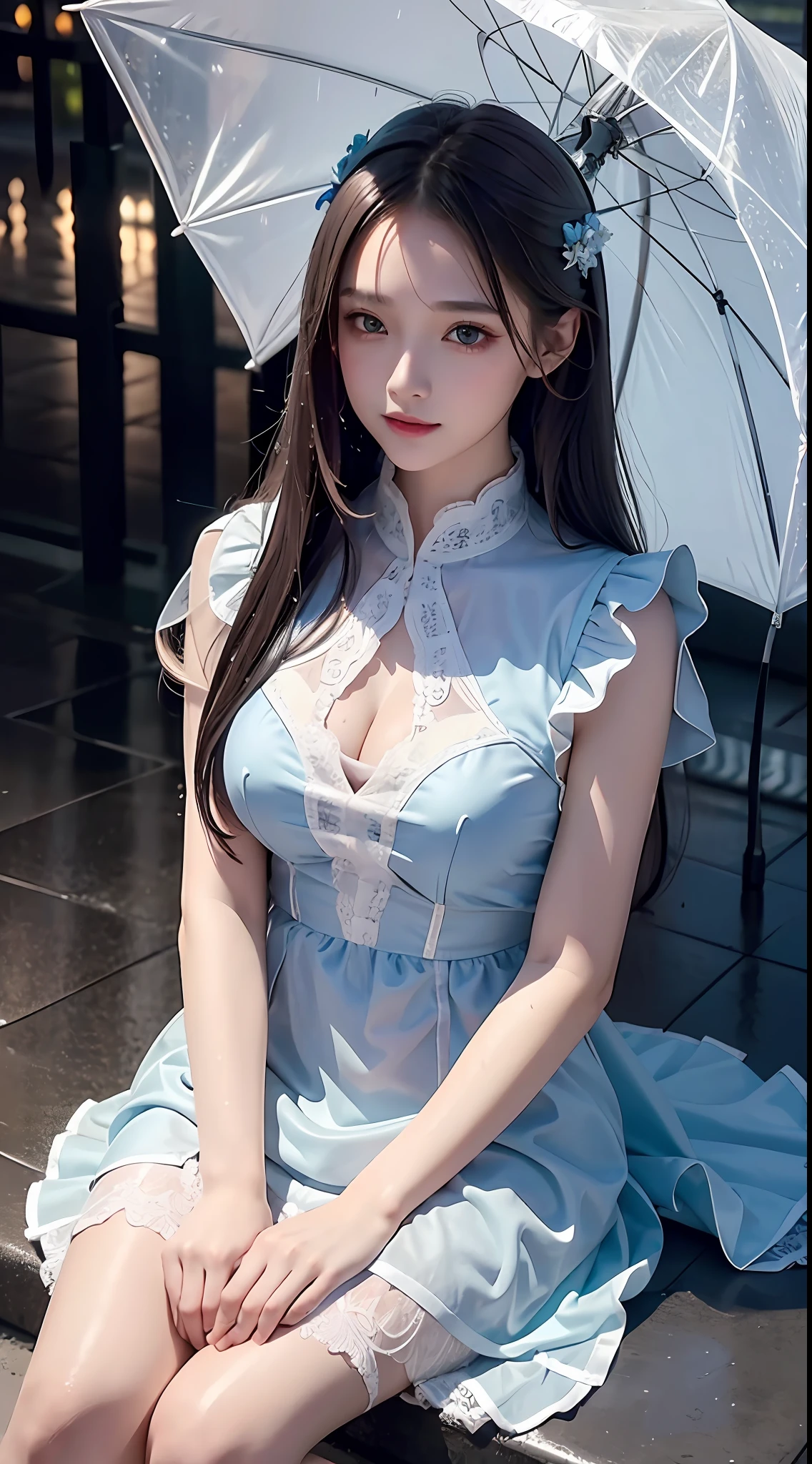 4k ultra hd, masterpiece, best quality, a girl, beautiful face, detailed eyes, very long hair, impressive and attractive hair, good looking, lovely lips, happy, opened mouth, rainy dress, sky blue dress, white lace, cristalized jwellery, shining jwellery, natural background, wet ground, hard raining, wet body, direct x 3.0 visual effect, reflection on water, very hard raining, blowing wind, sitting, in the rain, whole body capture,