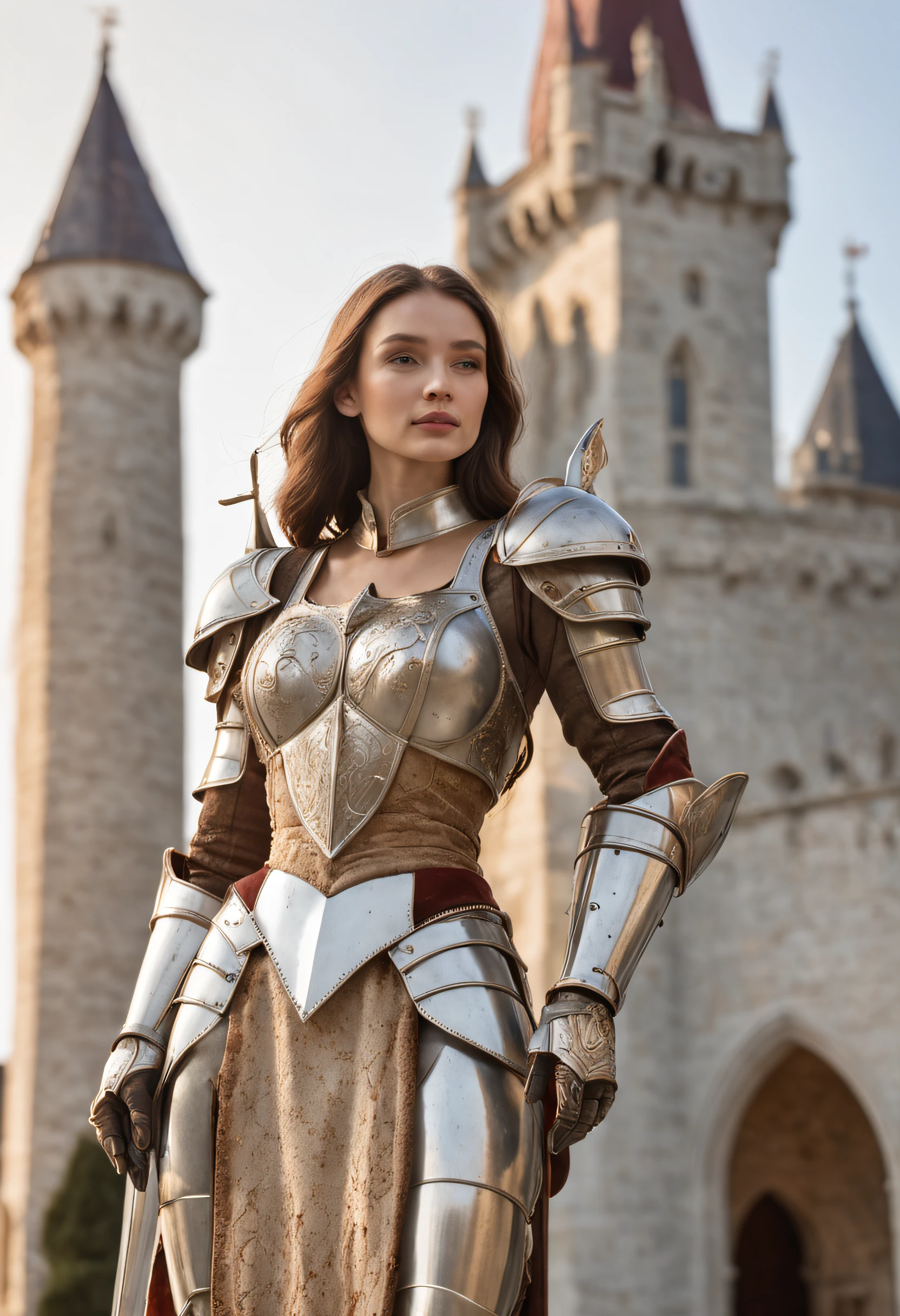 "A majestic Royal Knight with shining armor and a regal presence, standing tall in front of a grand castle, embodying valor and nobility, surrounded by a mystical aura. The knight's armor gleams with golden embellishments, showcasing intricate details and craftsmanship. The castle is adorned with towering spires and exquisite stained glass windows, exuding a sense of grandeur and ancient beauty. The scene is bathed in warm sunlight, casting soft shadows and highlights, enhancing the majesty of the knight and the castle.+"
