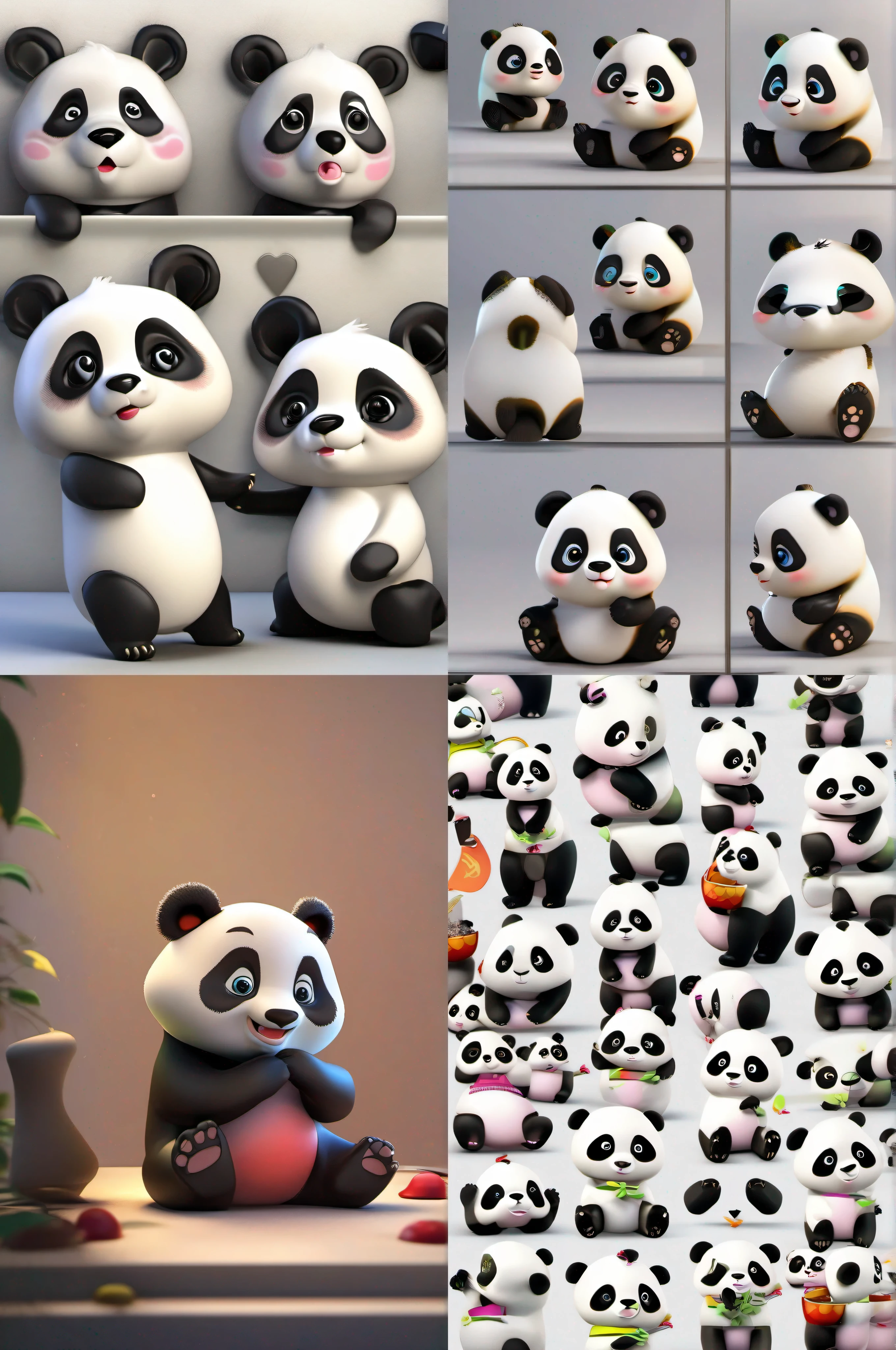Cute panda shows different expressions，is playing happily，sad，vred，expecting，lose，Snickering，white backgrounid，illustration，Naughty style。