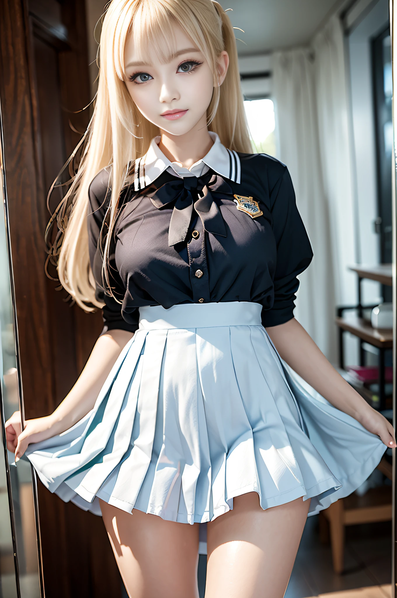 portlate、((School Uniforms))、bright expression、poneyTail、Young shiny shiny white shiny skin、Best Looks、Blonde reflected light、Platinum blonde hair with dazzling highlights、shiny light hair,、Super long silky straight hair、Beautiful bangs that shine、Glowing crystal clear attractive big blue eyes、Very beautiful nice cute girl、Lush bust,Beautiful detailed eyes, beautiful detailed nose,(( Full body:1.25)),natural make up、((Marie Rose))+、Makeup that the eyes emphasize、((Pleated skirt with many folds)),(((Raise your skirt to show your underwear)))