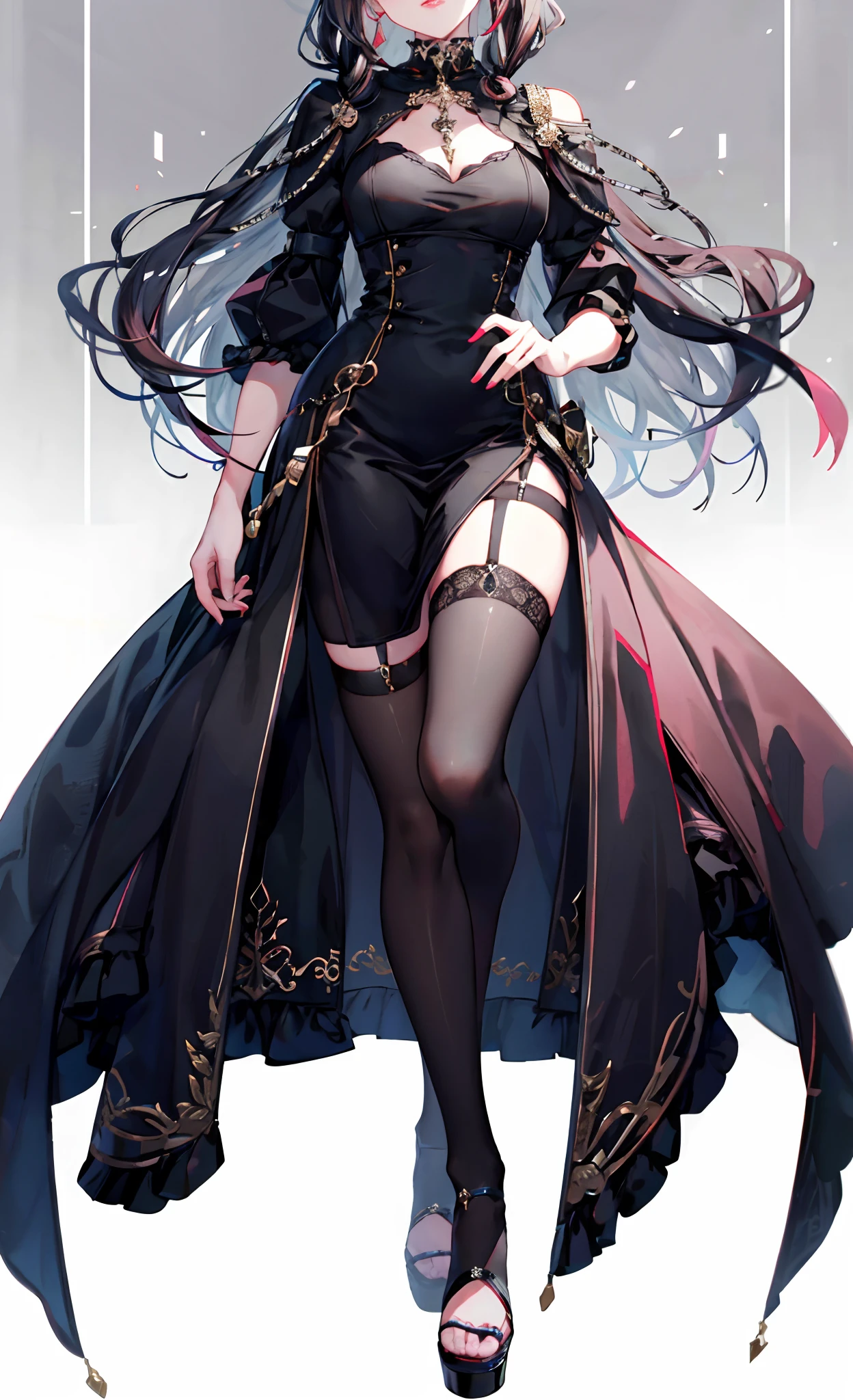 (Complete head:1.9),meticulous portrayal of face,1 noblewoman,a matural female,Black dress long dress,(black lence stockings+),heeled sandals,(Black stocking feet),Pink White Long Hair,Prom background, Perfect body, s the perfect face, perfect hand, Perfect Finger, Perfect lips, perfect eyes, Perfect background
