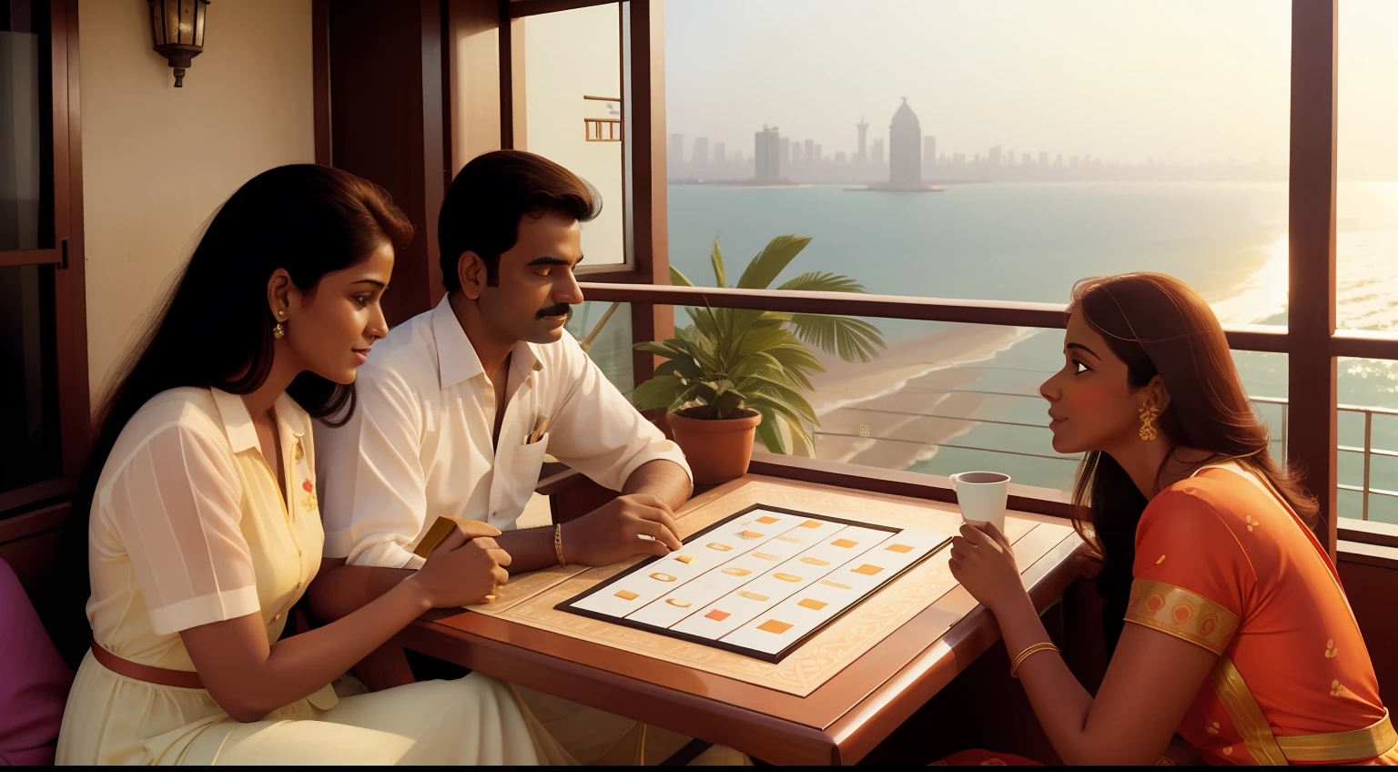 Date: 1991
Location: Mumbai, India
Description: On a sunlit balcony overlooking the Arabian Sea, a well-dressed couple engages in a game of Scrabble, the coastal breeze ruffling the letters on the board.