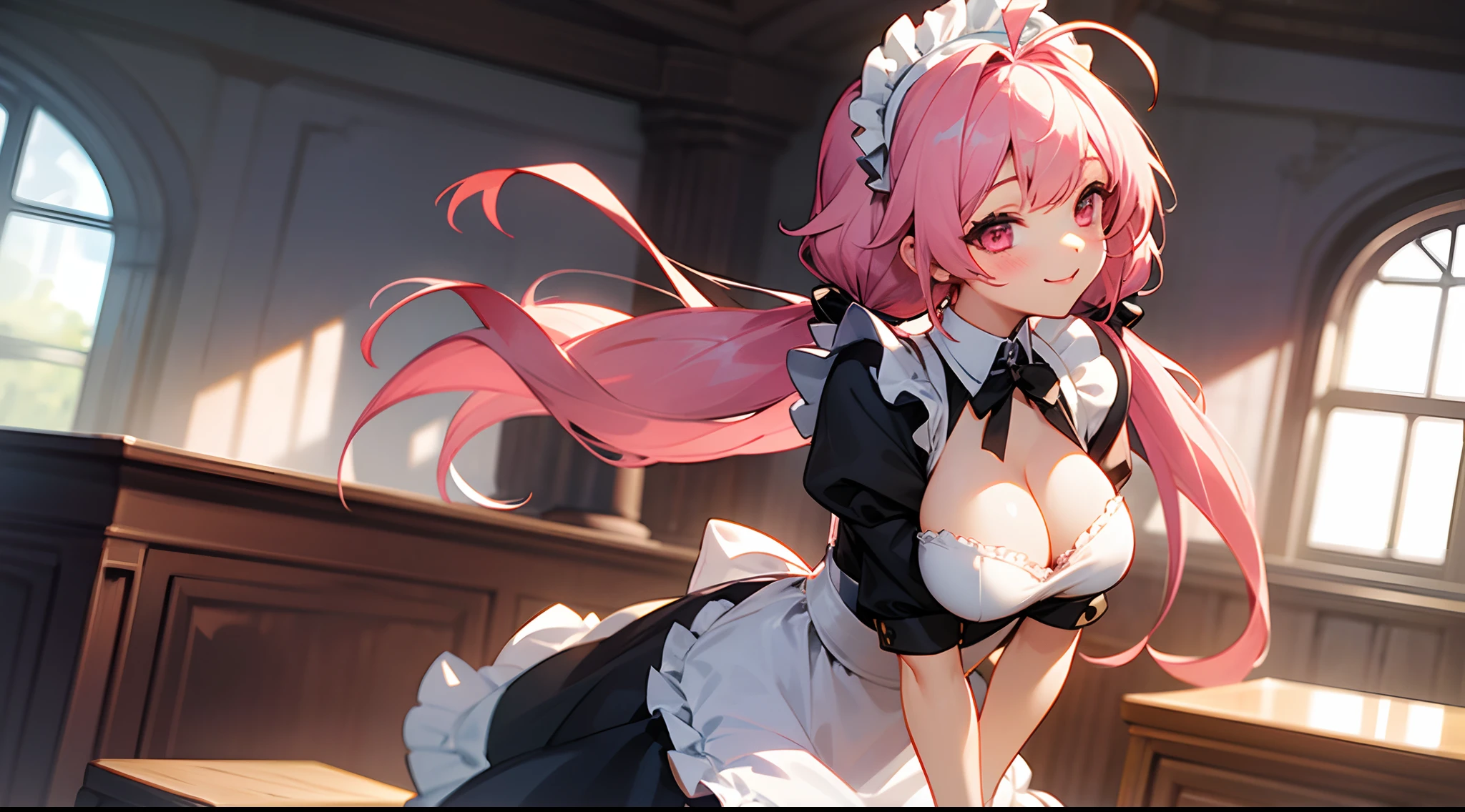 1 girl, game CG, frilly maid outfit, cleavage visible, short skirt, maid's hair ornament, maid's small apron, black garter belt, gigantic breasts, pink hair, long hair, low twintails, princess hairstyle, ahoge, pink eyes, smiles, indoors,