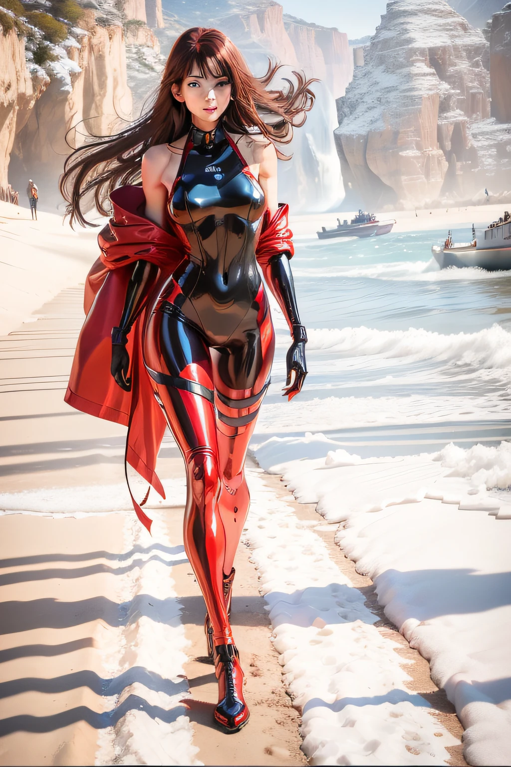 Masterpiece, Full: 1.4, stand,skinny legs, from behind,8K, 3D, Realistic, Ultra Micro Photography, Top Quality, (1 Female), 25 years old, Tall, Thin and muscular,skinny Perfect proportions, (Sury Asuka Langley, Plugsuit 02), , model pose with hands on the hips, visible pores, high-leg swimsuit, shine red high-gloss suit, holographic leather, (rubber suit with strong metallic luster and smooth surface), large connection terminals under the chest of precision circles, precision circular shoulder metallic and large silver connection terminals, Beautiful female hands in red titration gloves, (strong metallic shiny black tie latex on the inside of the arm), (sea, aircraft carrier, battleship, open sea, vivid blue sky, strong natural light, detailed background, sunlight, exquisite lighting and shadows), dynamic pose, DSLR, sharp focus: 1.0, maximum clarity and sharpness,