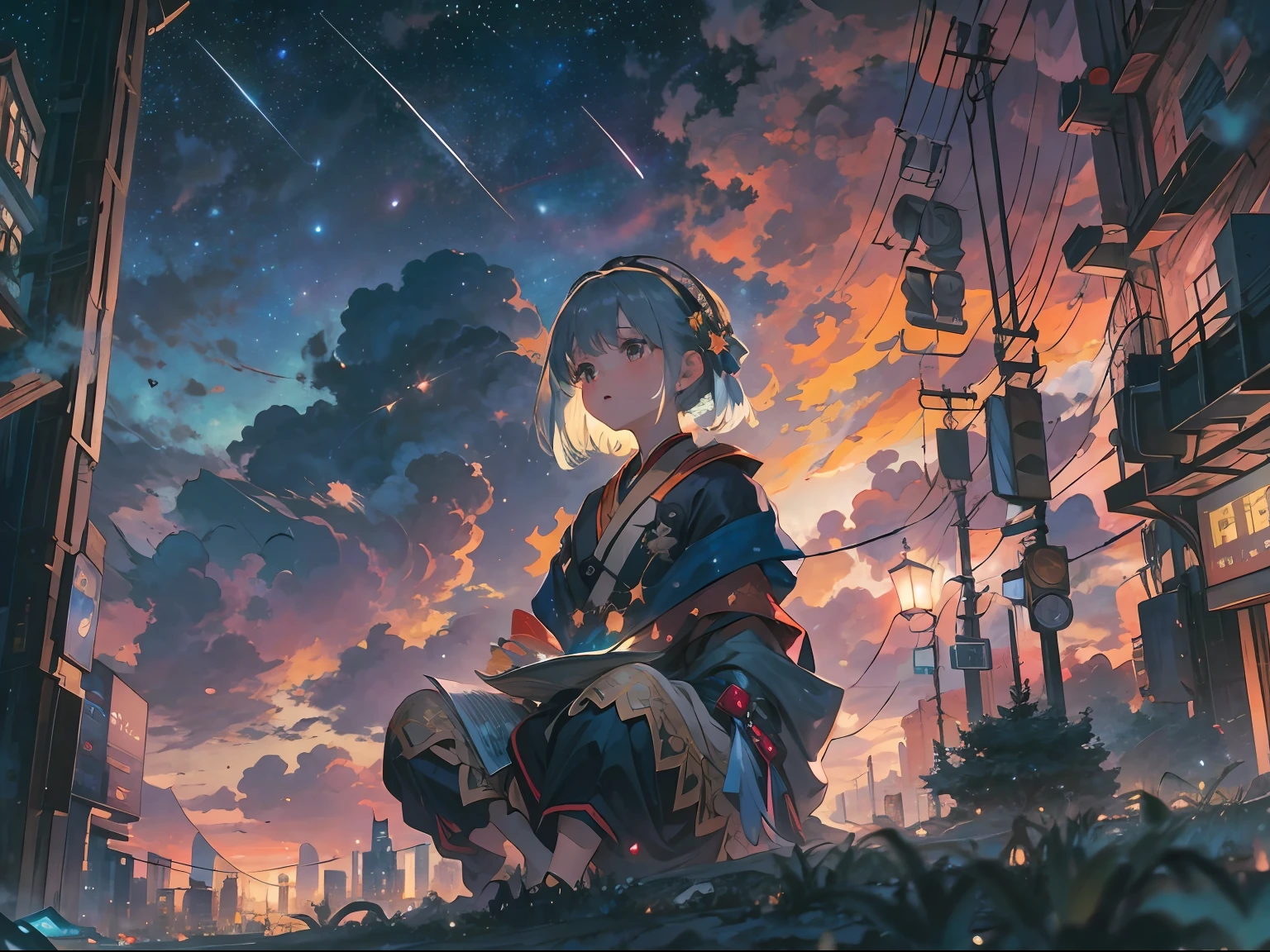 octans，Skysky，As estrelas（Skysky），scenecy，starrysky，the night，1girl，nigh sky，独奏，exteriors，buliding，​​clouds，galactic，sitted，The tree，Long hair，城市，siluette，Cityscape Complex background，CG art，tmasterpiece，high qulity，depth of fields，Storytelling images， --auto --s2