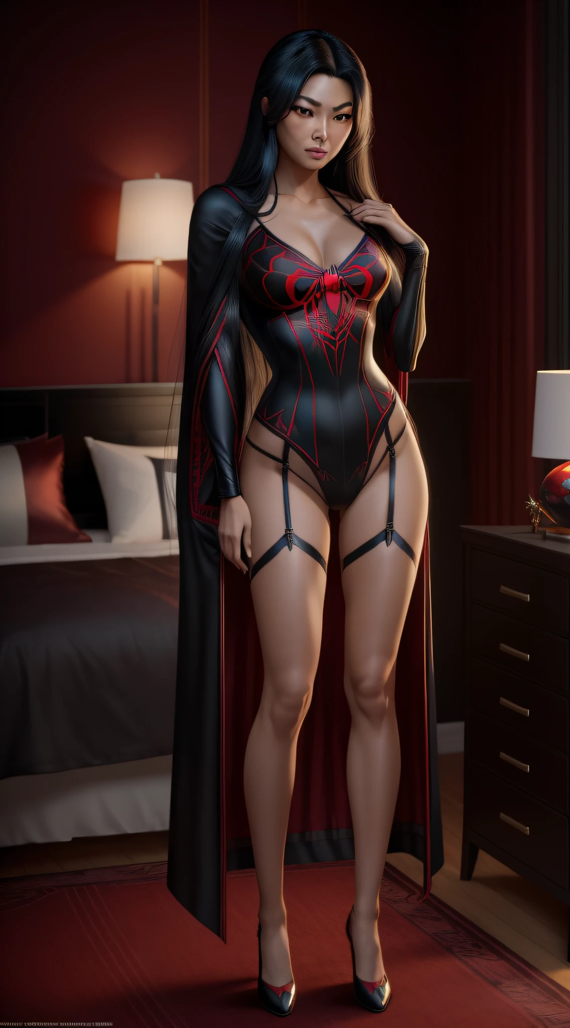 Cindy Moon, Silk, in a bedroom, flirting, wears a (black sexy spider-man lingerie), robe includes a (red spider emblem) on the chest, (long black hair), (full body render), (full body view), fine detail, hyper realistic, HD, 4K, definition, texture, perfect detail, perfect face, beautiful, hyperrealism, trending on artstation