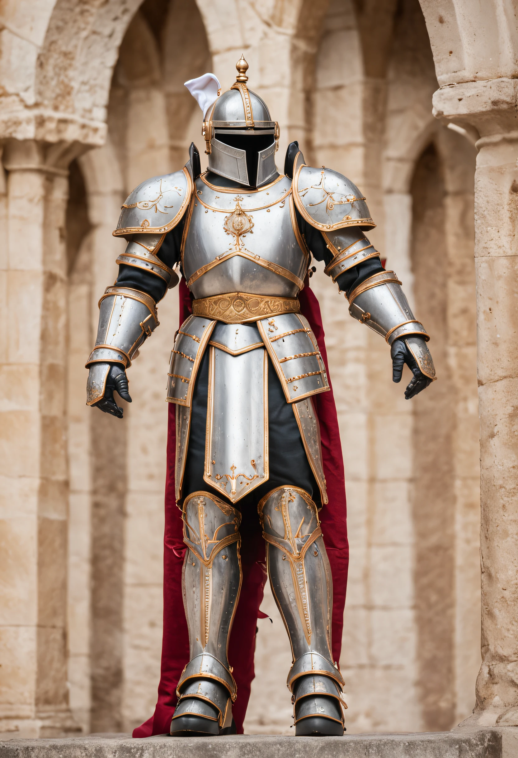 "A majestic Royal Knight with shining armor and a regal presence, standing tall in front of a grand castle, embodying valor and nobility, surrounded by a mystical aura. The knight's armor gleams with golden embellishments, showcasing intricate details and craftsmanship. The castle is adorned with towering spires and exquisite stained glass windows, exuding a sense of grandeur and ancient beauty. The scene is bathed in warm sunlight, casting soft shadows and highlights, enhancing the majesty of the knight and the castle.+"