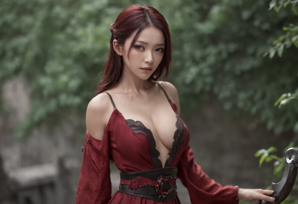 Best quality, Masterpiece, 超高分辨率, (photograph realistic:1.4), surrealism, Dream-like,fusionart, Shadowdancer, shadow magic, darkness control, stealth, shadowstep, umbral spells, hidden blade, 1girll,Red theme, Beautiful woman with slender abs:1.3, (Casual hairstyle, huge tit:1.2), big breasts exposed cleavage, Ultra-fine face, A detailed eye, 二重まぶた,ssmile,Long hair