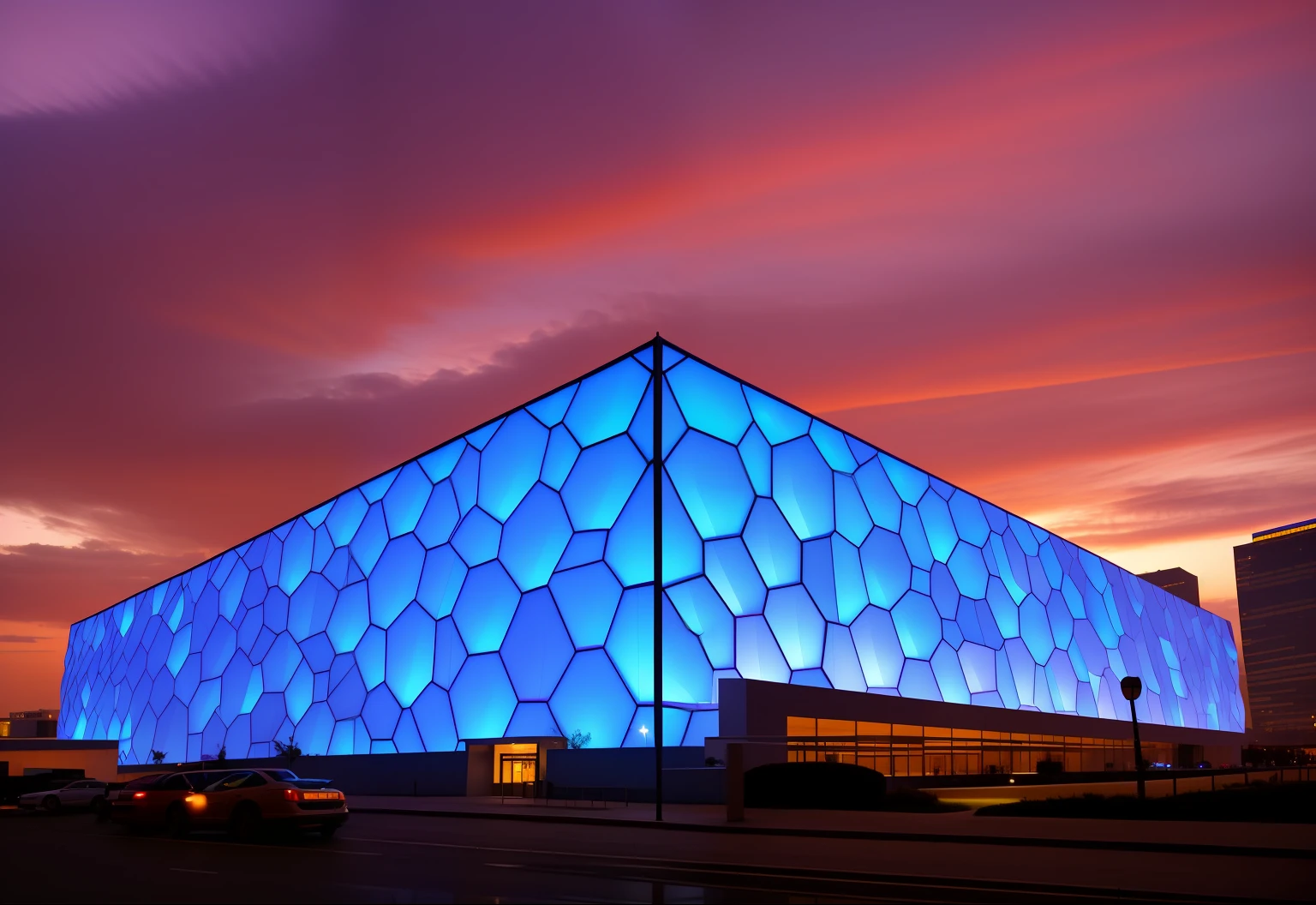 A building that is illuminated at dusk,The exterior walls are blue, beijing, Refiq Anadol, China, stunning sight, A geometric masterpiece, it glows from the outside, high quality architectural art, author:Chass is silent, stunning images, Incredibly beautiful, feng zhu |, Beautiful masterpiece, honeycomb halls, exterior, architectural finishes, mind-blowing detail